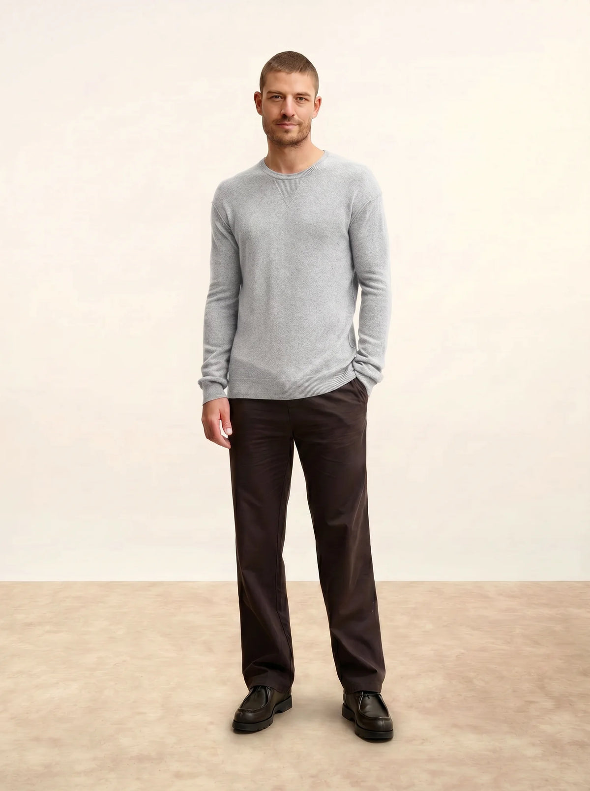 NOE Pull Col Rond Gris Perle Chiné