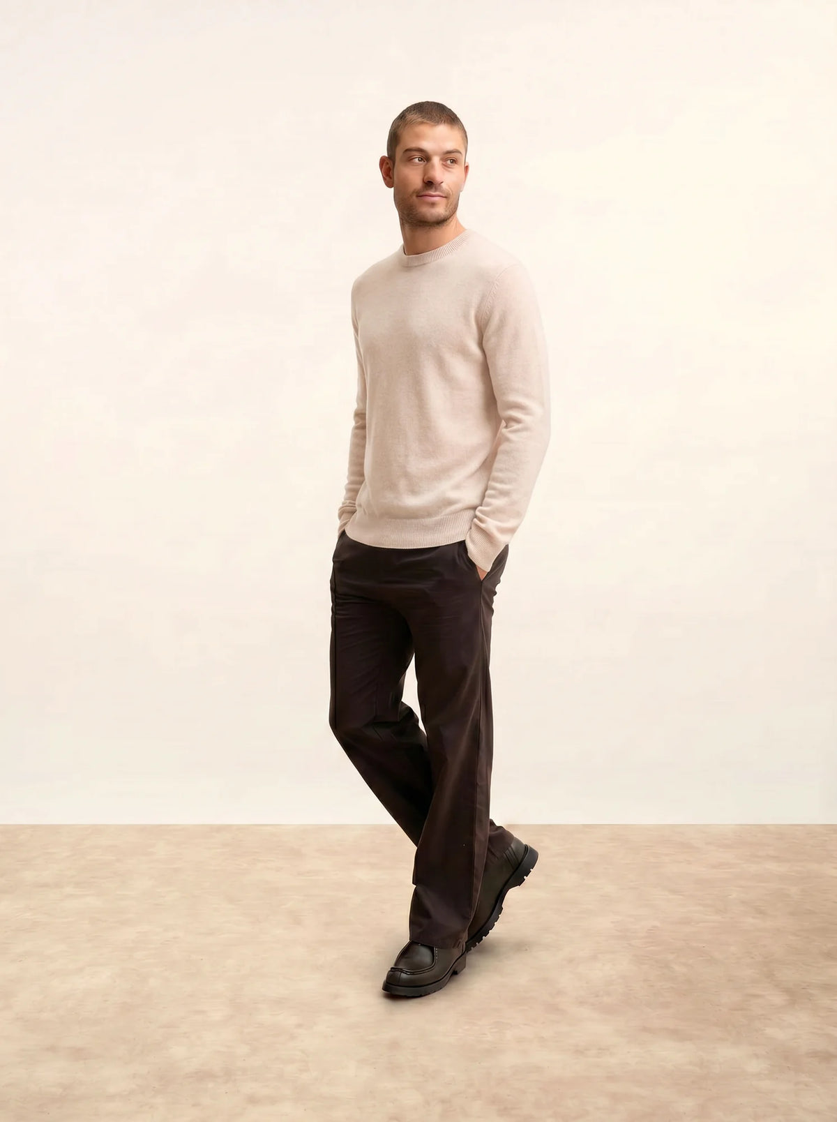 HOWARD Pull Col Rond Beige Chiné