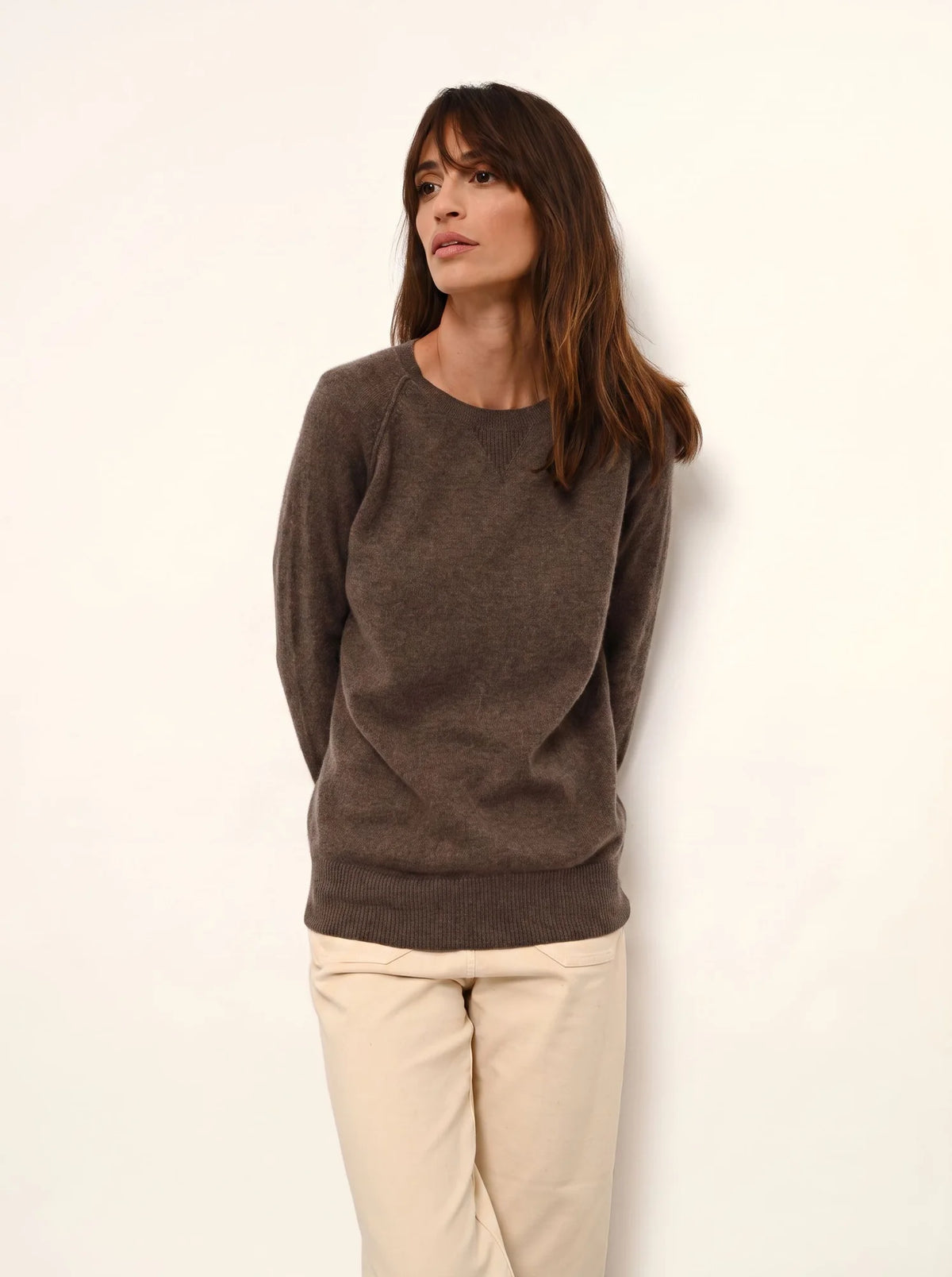 HELEN Pull Col Rond Taupe Chiné