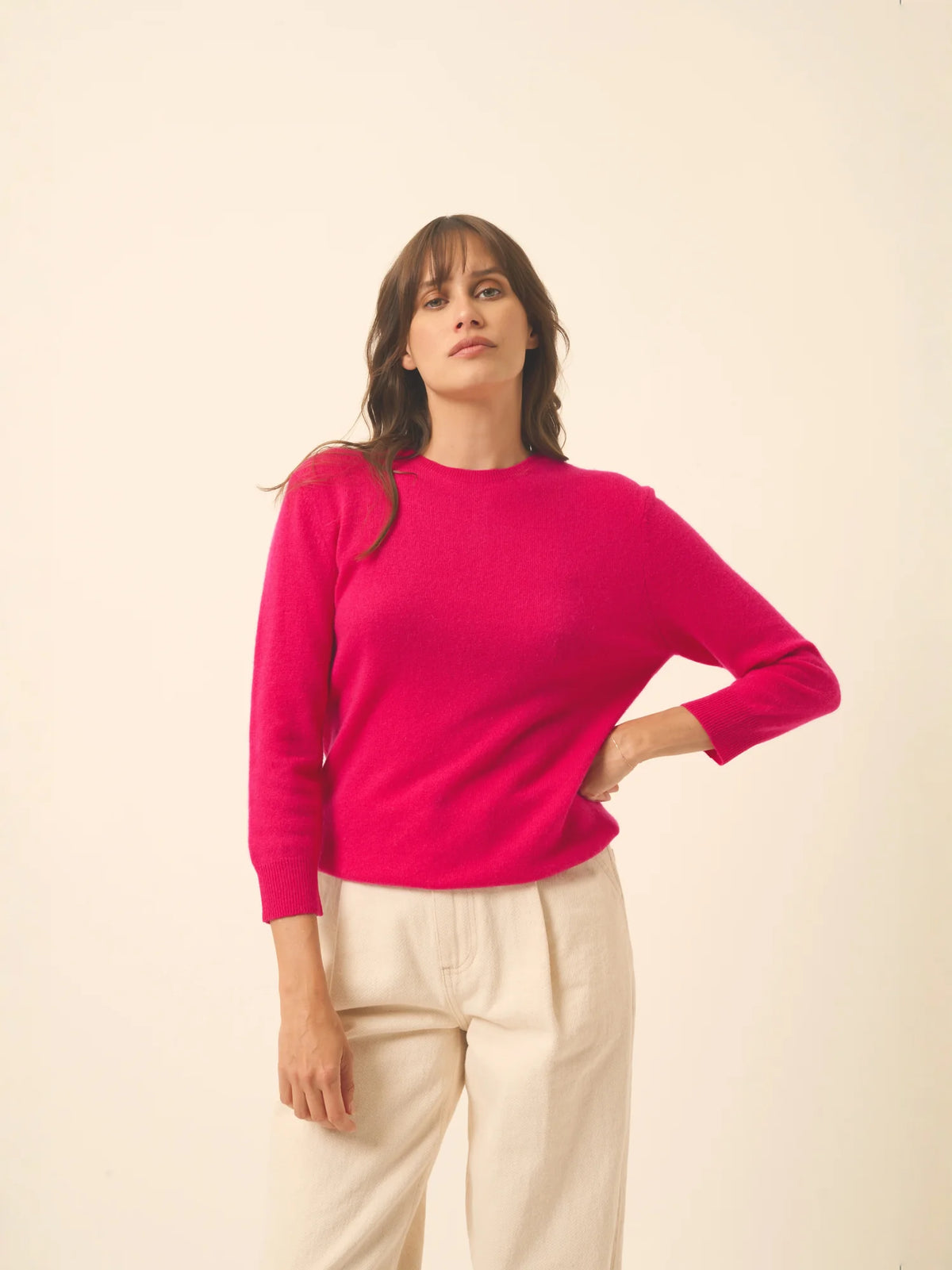 JANICE Pull Col Rond Boutonné Dos Fuchsia