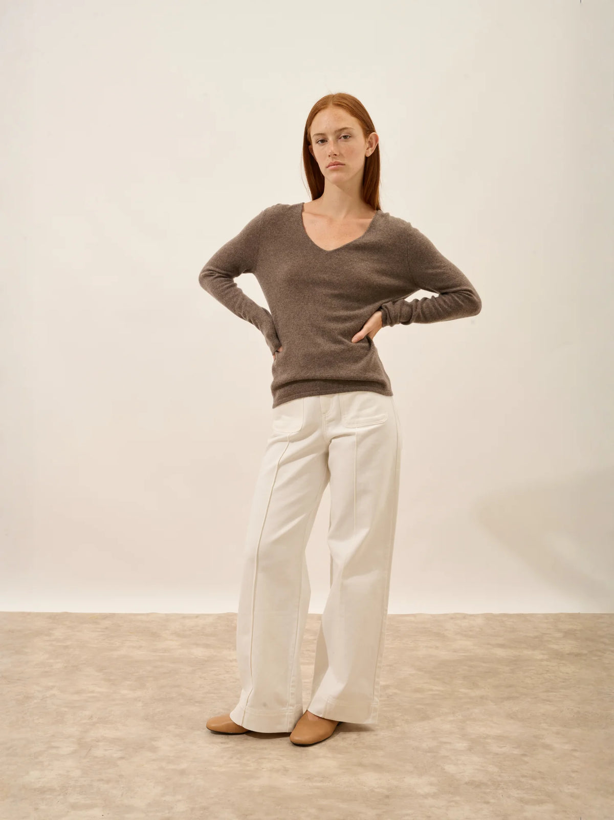 JOAN Pull Col V Taupe Chiné