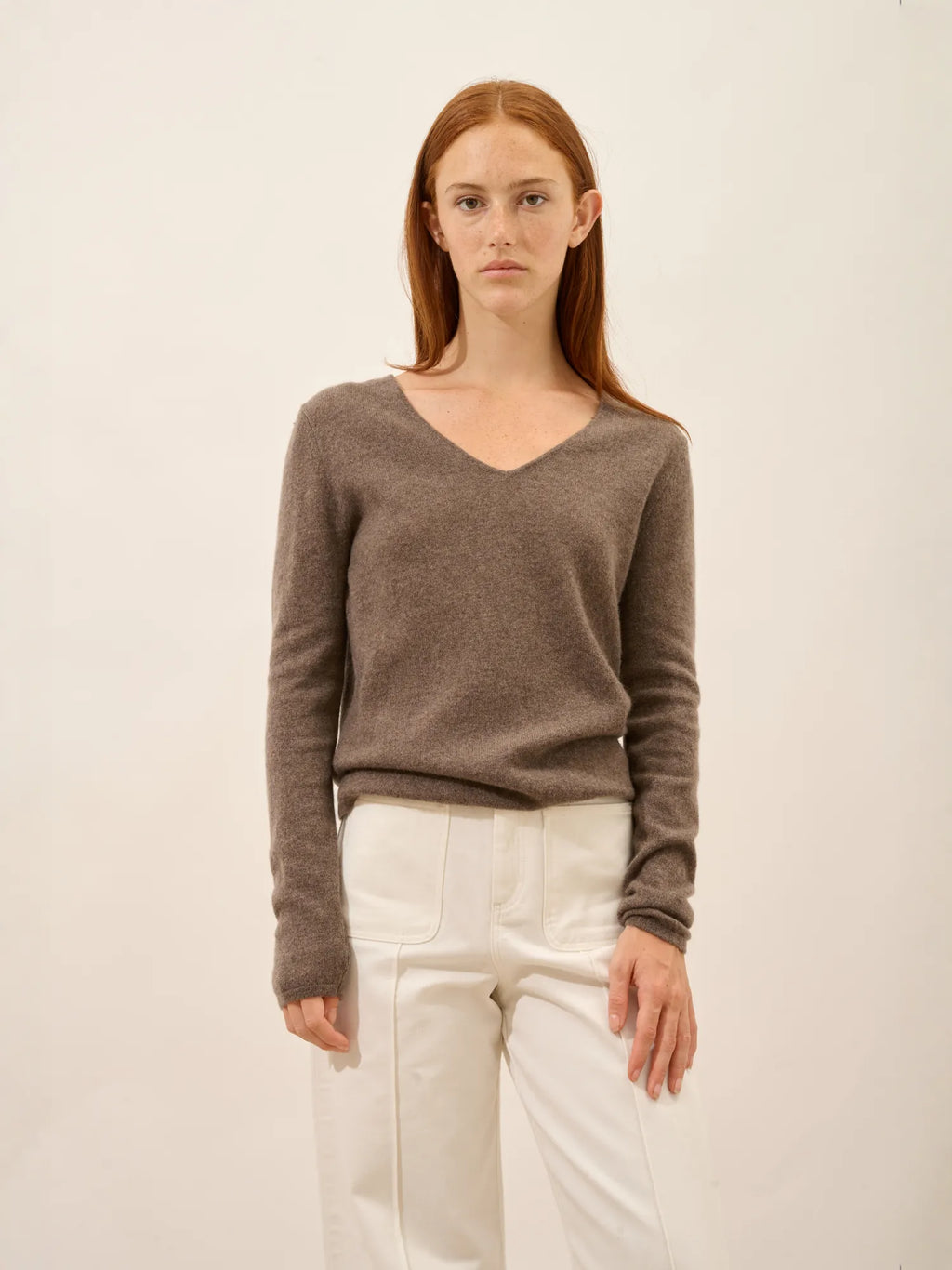 JOAN Pull Col V Taupe Chiné
