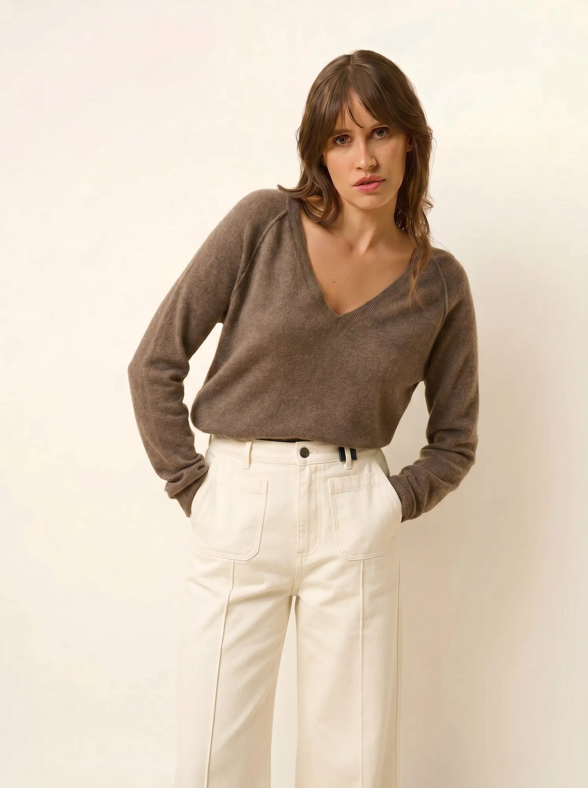 PHOEBE Pull Col V Taupe Chiné