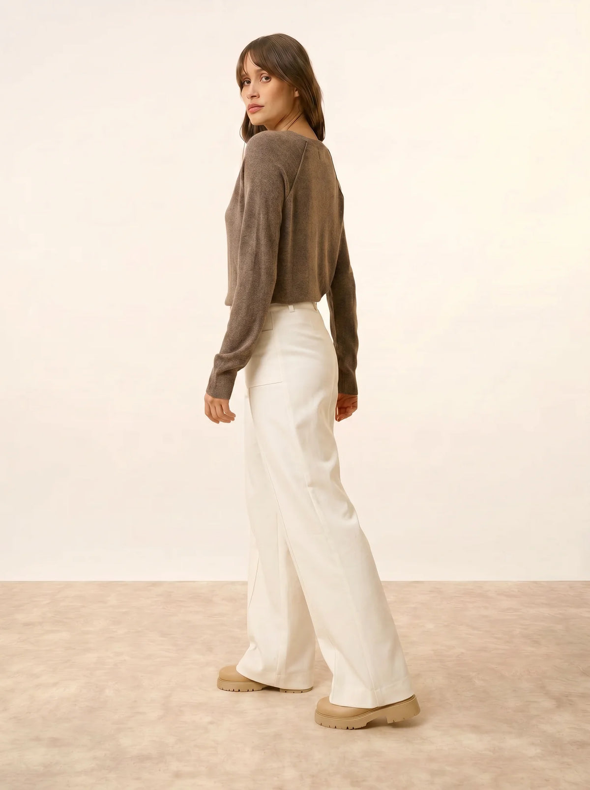 PHOEBE Pull Col V Taupe Chiné
