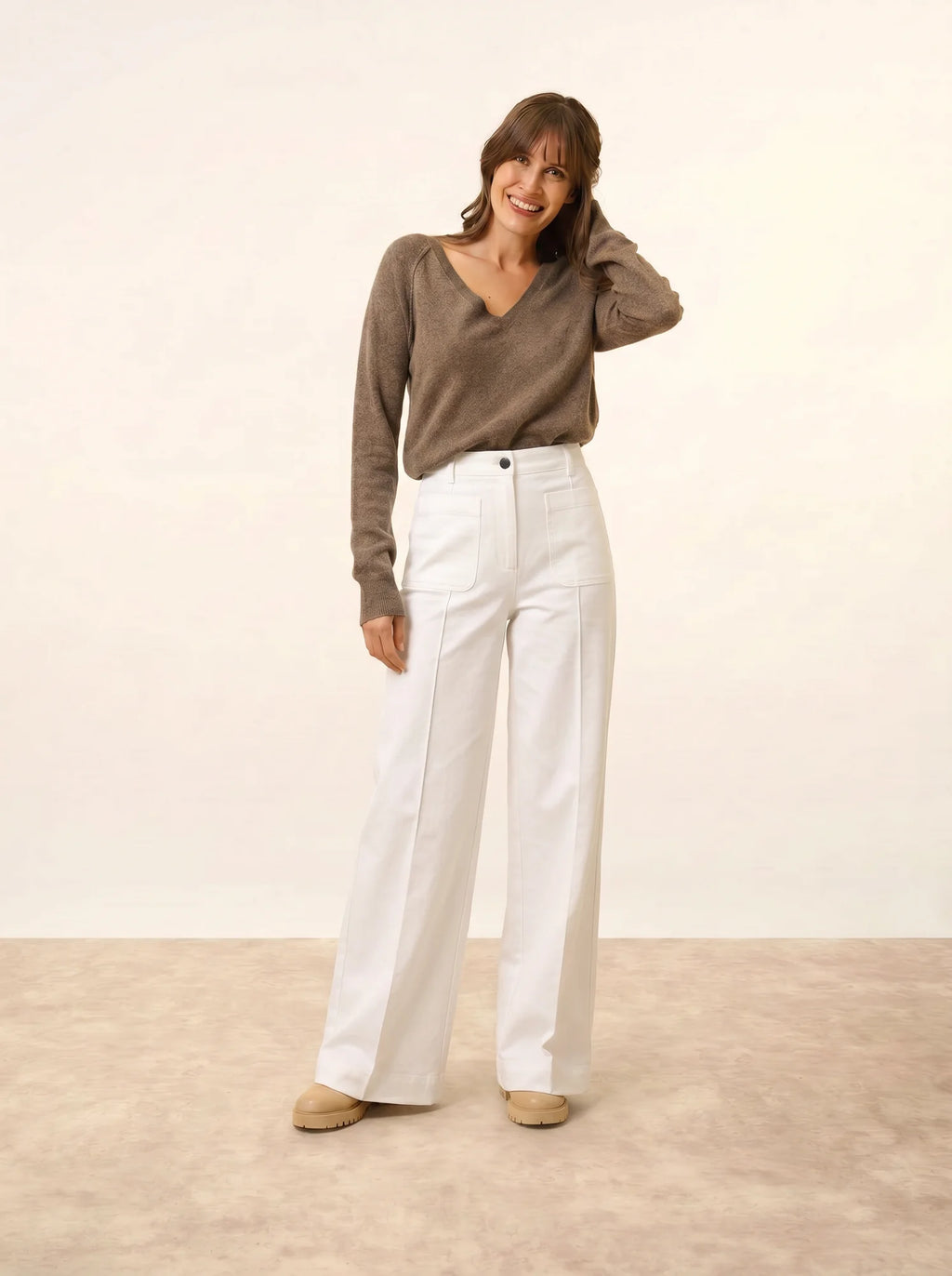 PHOEBE Pull Col V Taupe Chiné