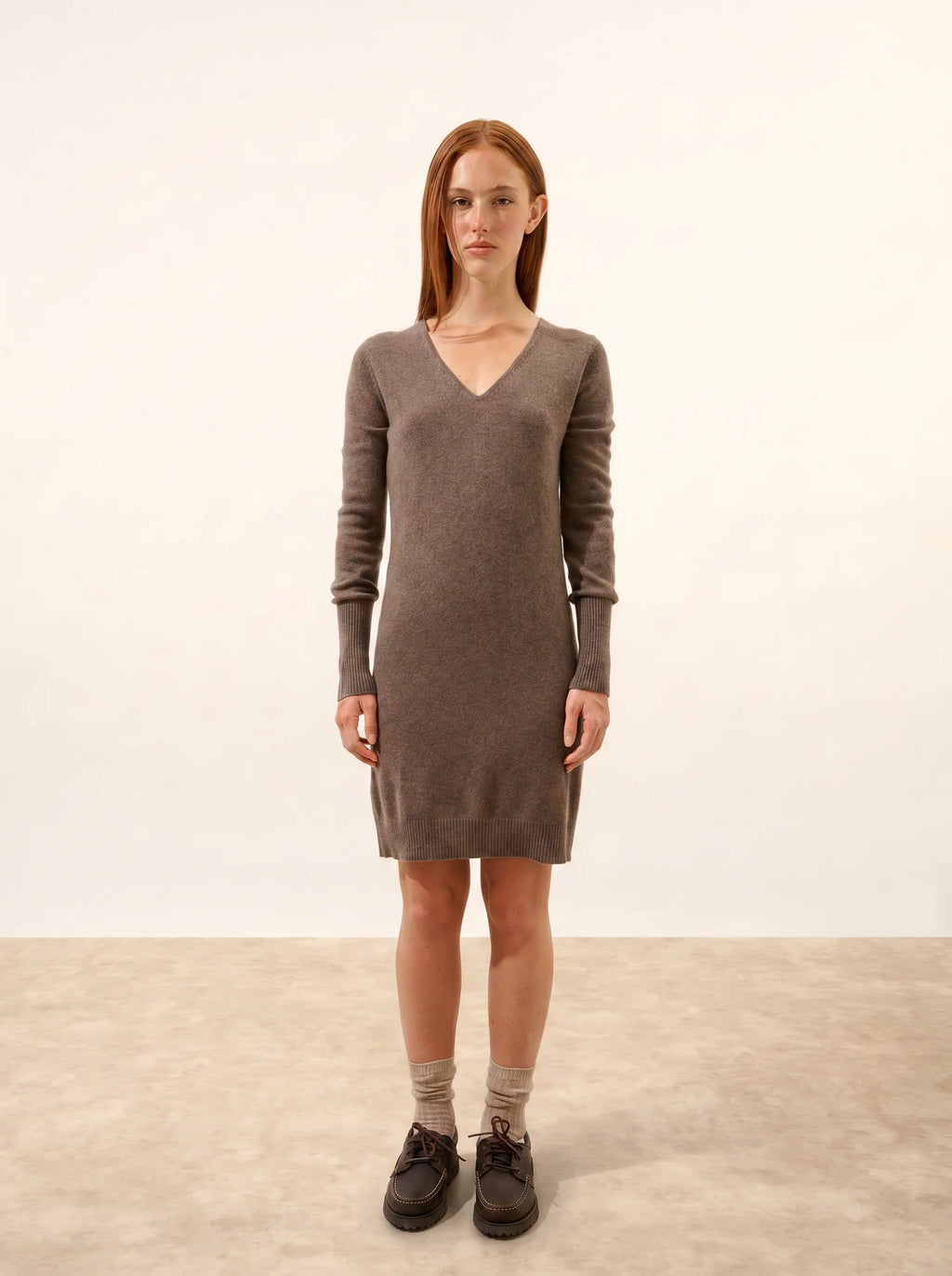 TRACY Robe Col V Taupe Chiné