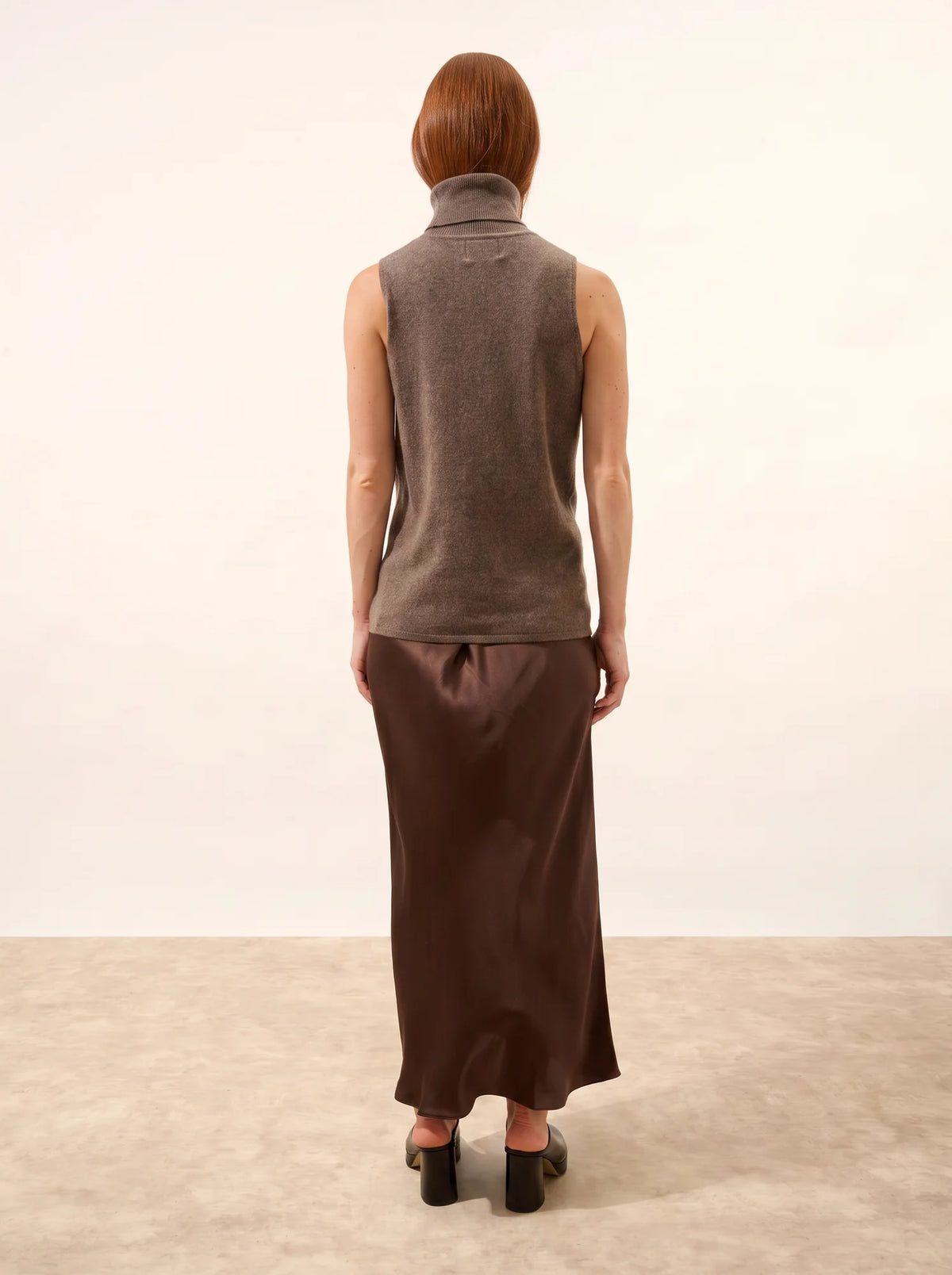 VIOLET Pull Col Roulé sans Manches Taupe Chiné