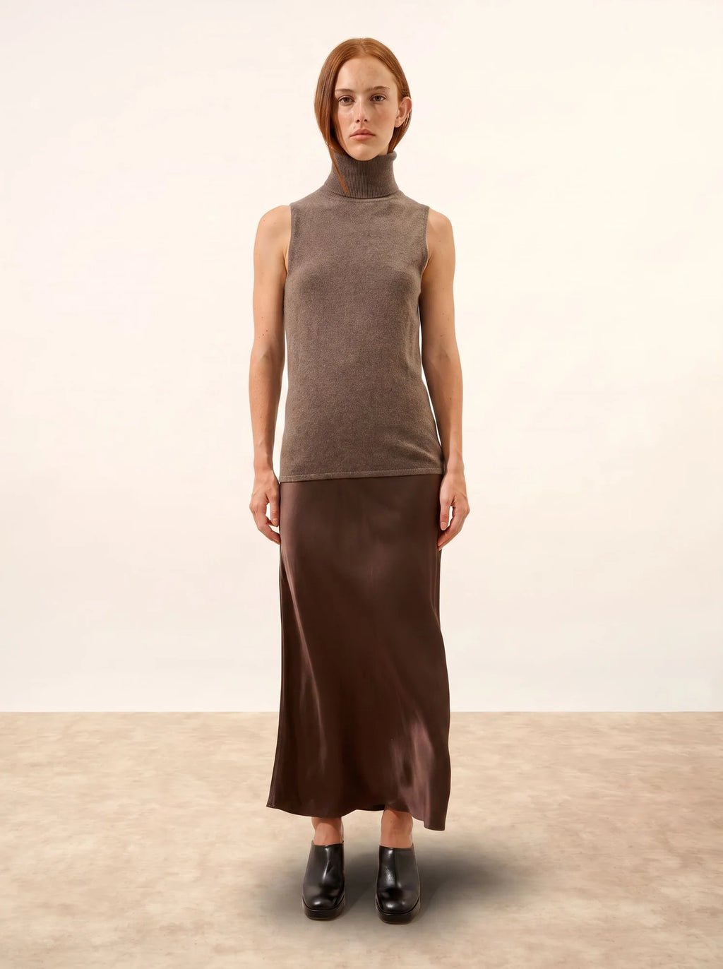 VIOLET Pull Col Roulé sans Manches Taupe Chiné