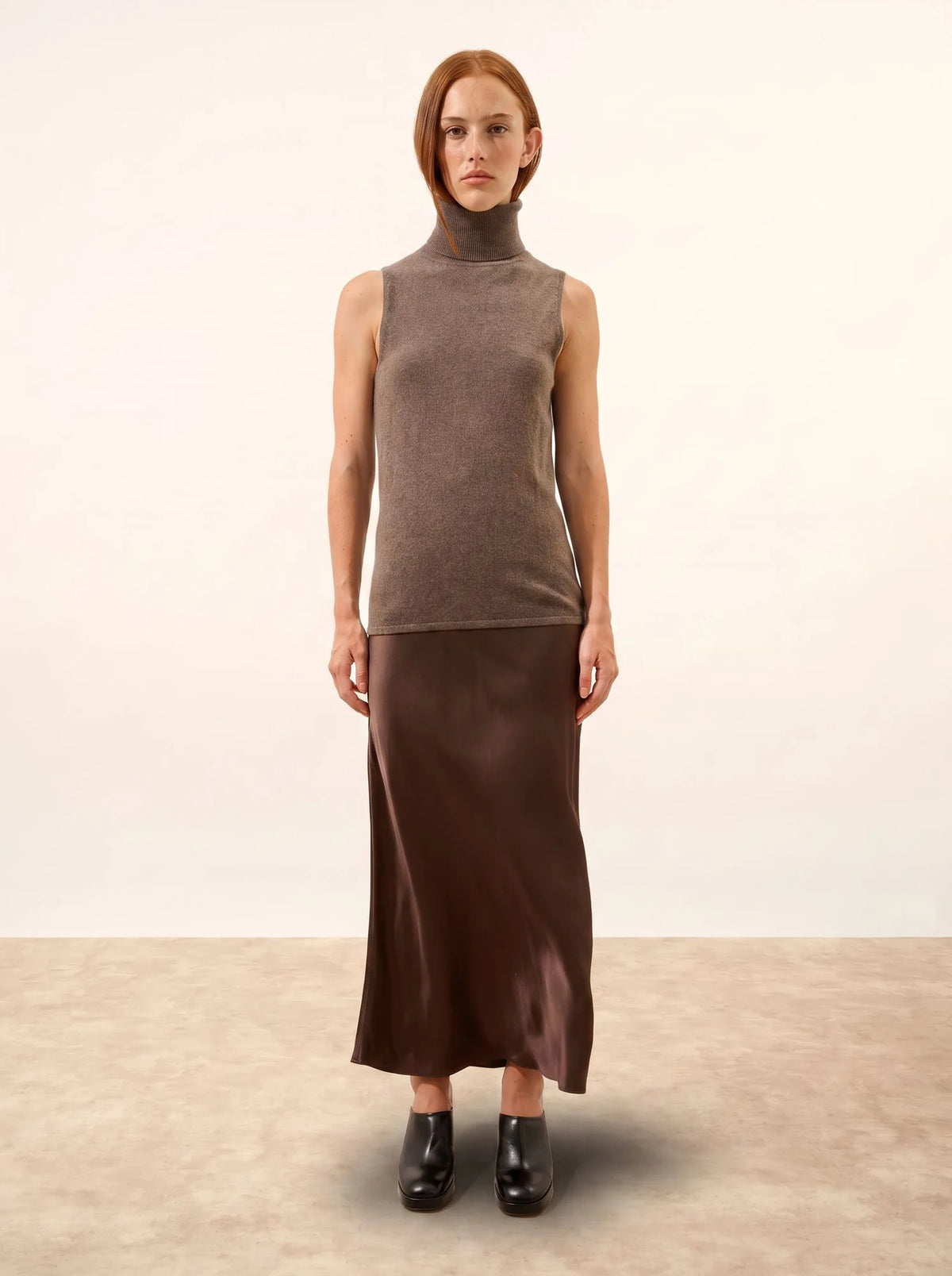 VIOLET Pull Col Roulé sans Manches Taupe Chiné