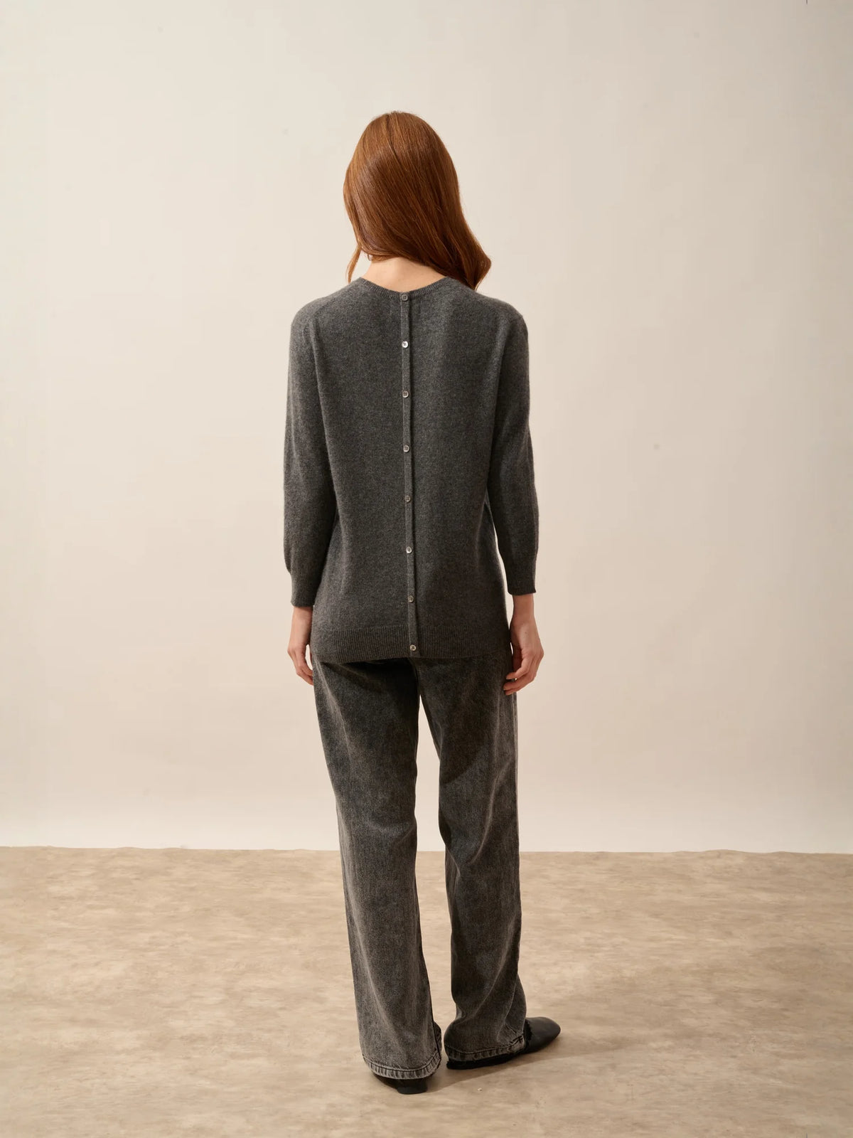 JANICE Pull Col Rond Boutonné Dos Anthracite Chiné