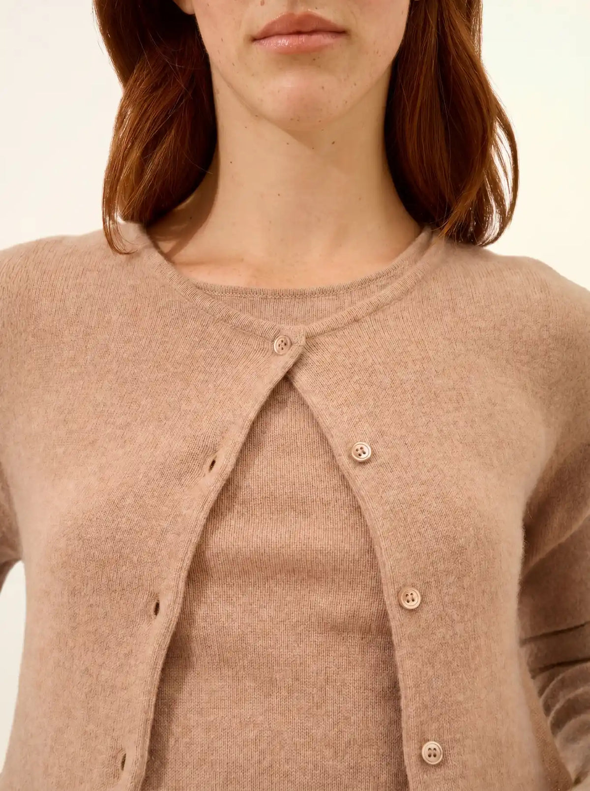 KATHARINE Cardigan Col Rond Camel Chiné
