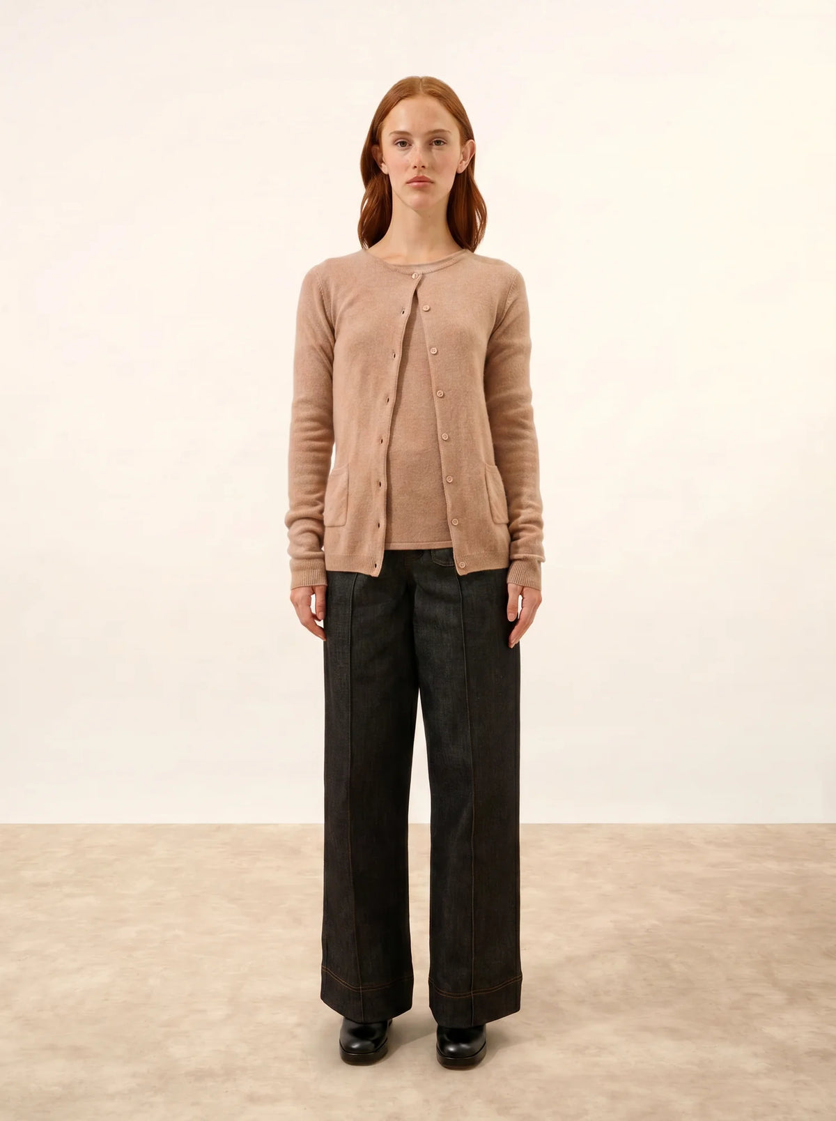 KATHARINE Cardigan Col Rond Camel Chiné
