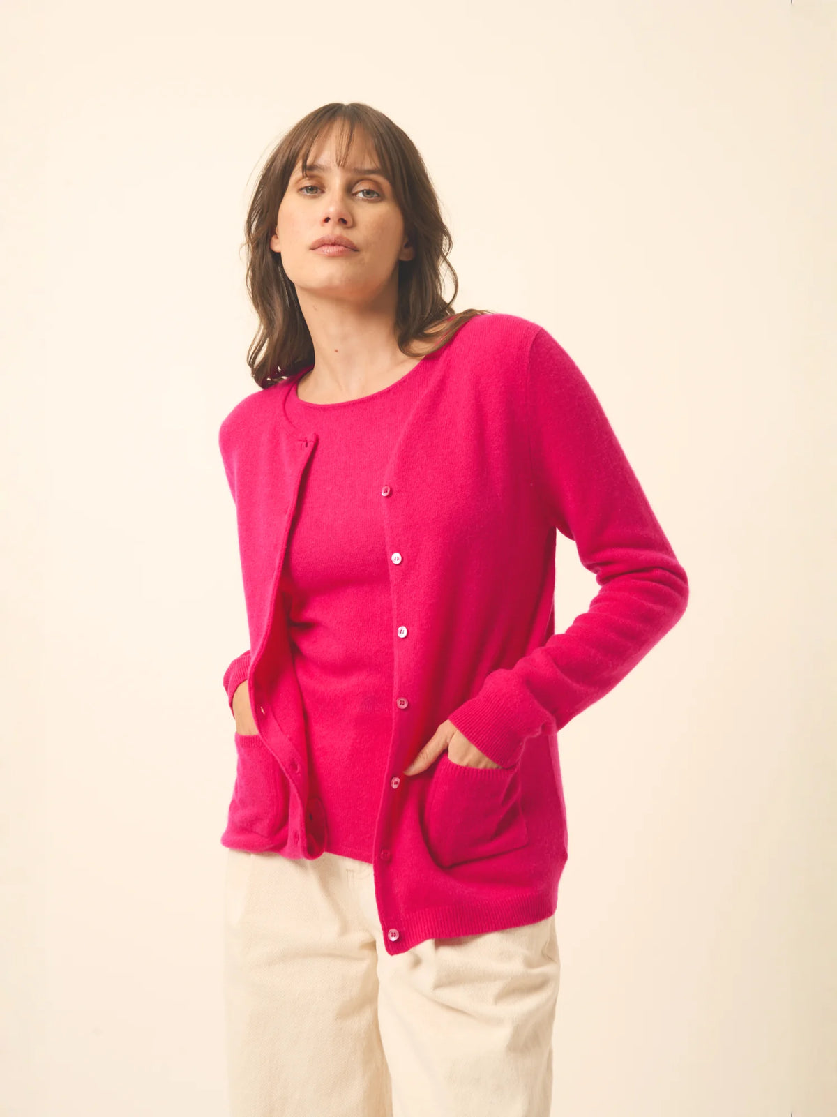 KATHARINE Cardigan Col Rond Fuchsia
