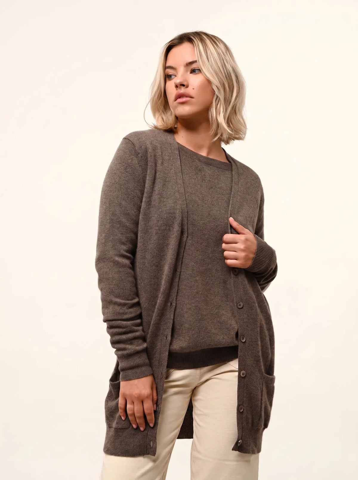 TOMMIE Cardigan Col V Taupe Chiné