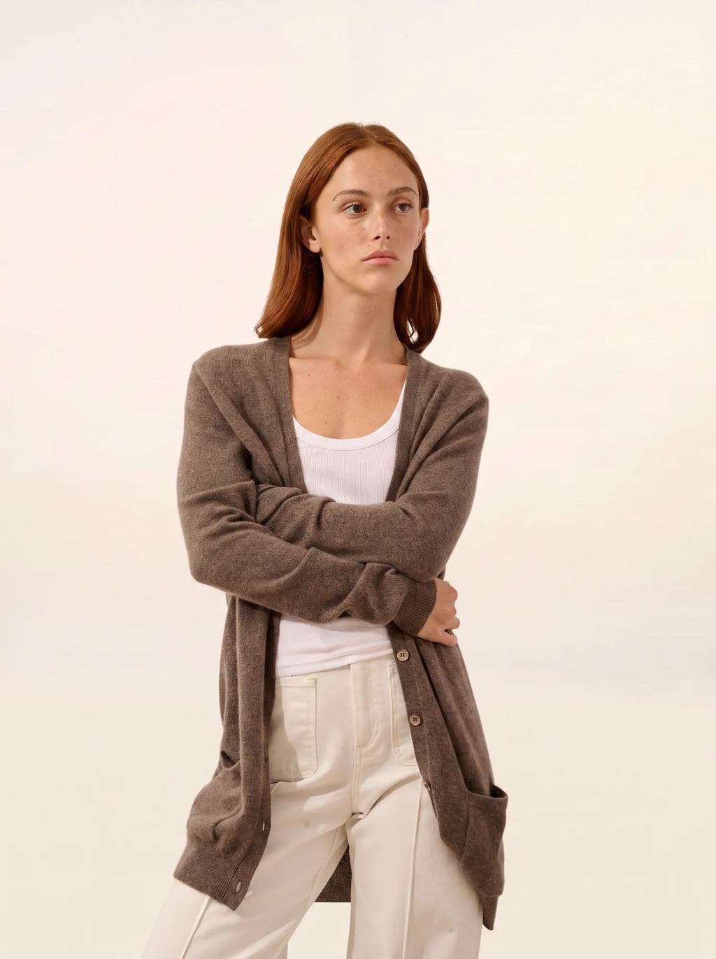 TOMMIE Cardigan Col V Taupe Chiné