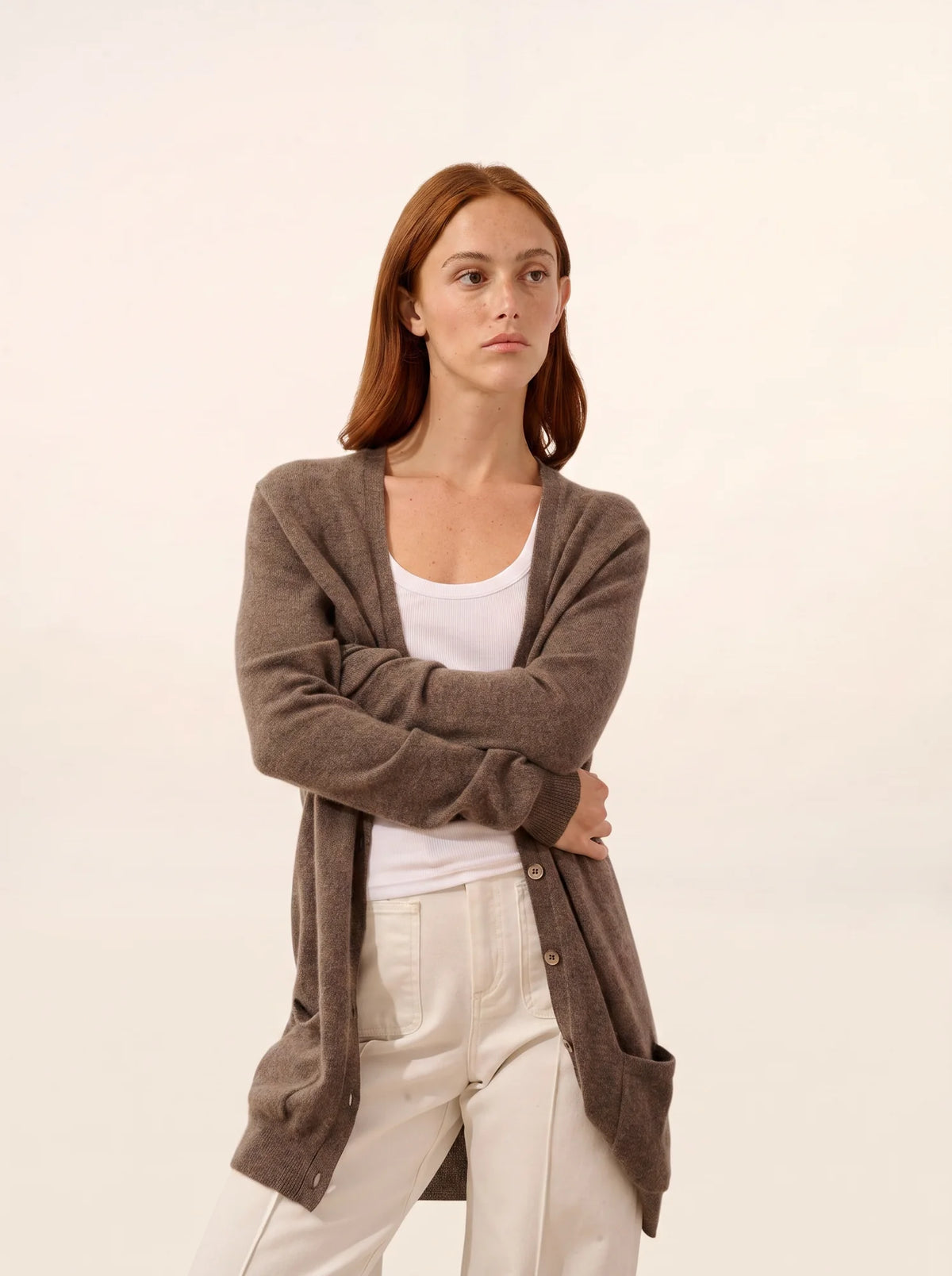 TOMMIE Cardigan Col V Taupe Chiné