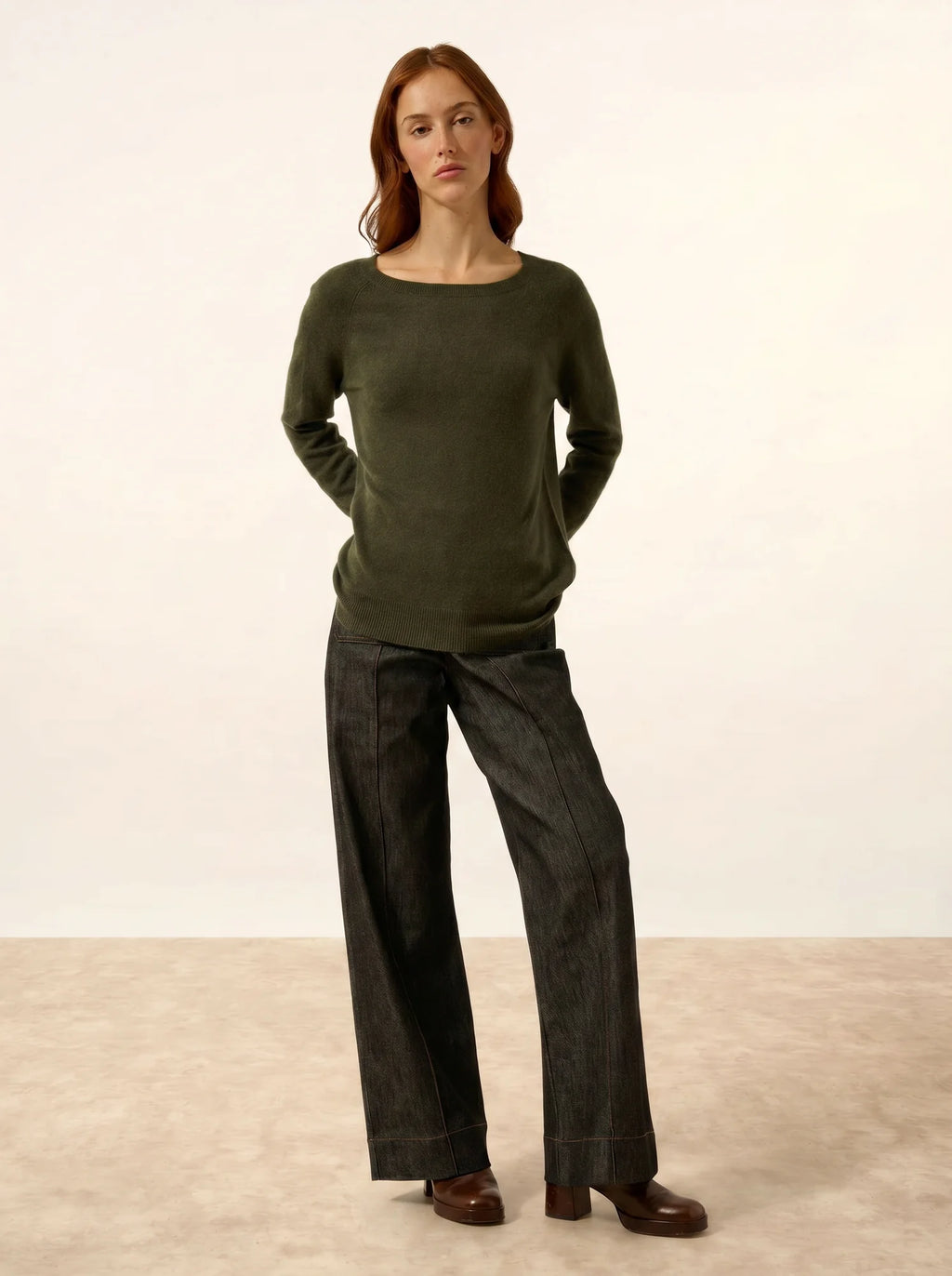 ABIGAILE Sweater Boat Neck Drop Back Khaki