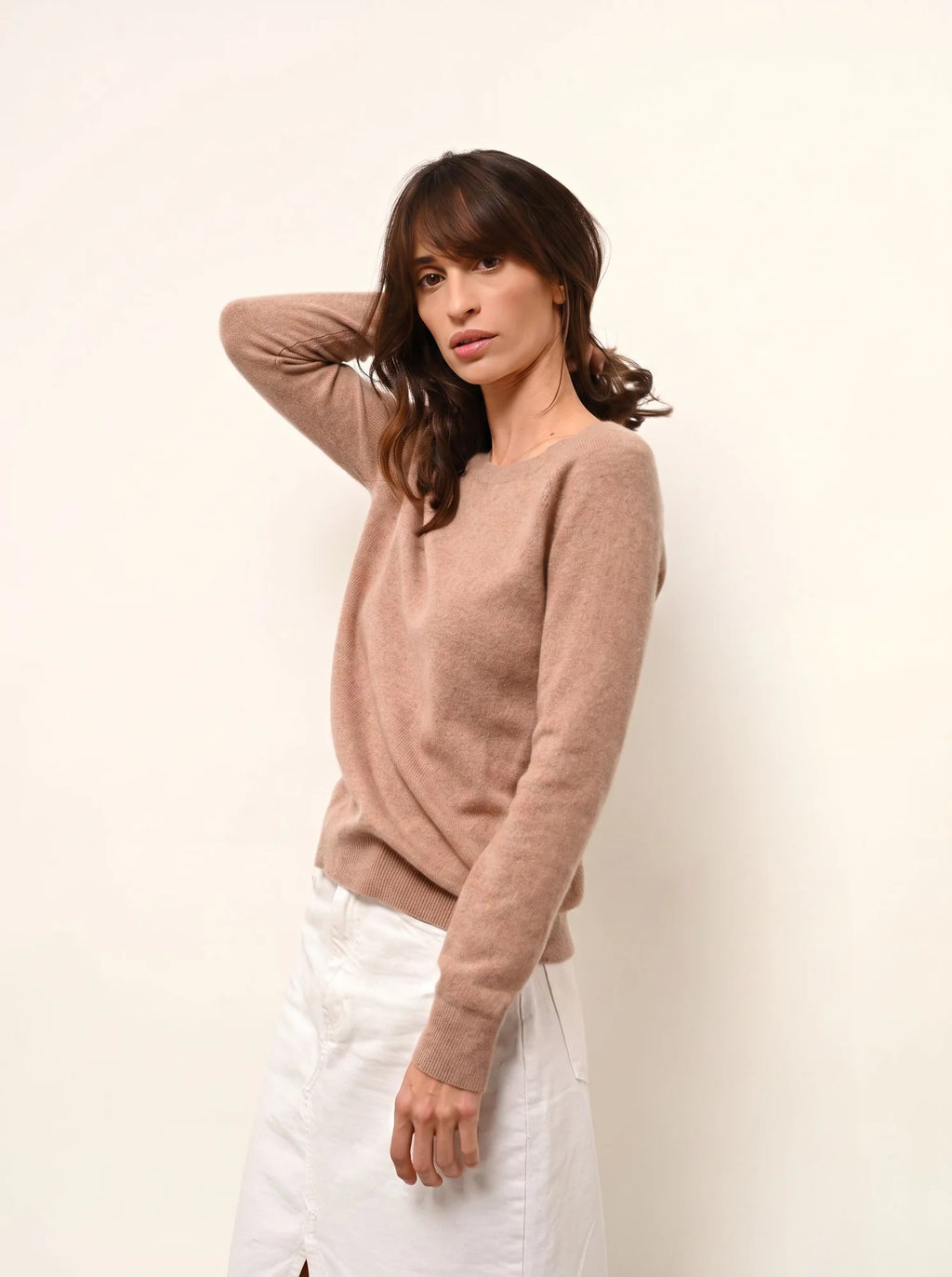 ABIGAILE Sweater Boat Neck Drop Back Heather Camel