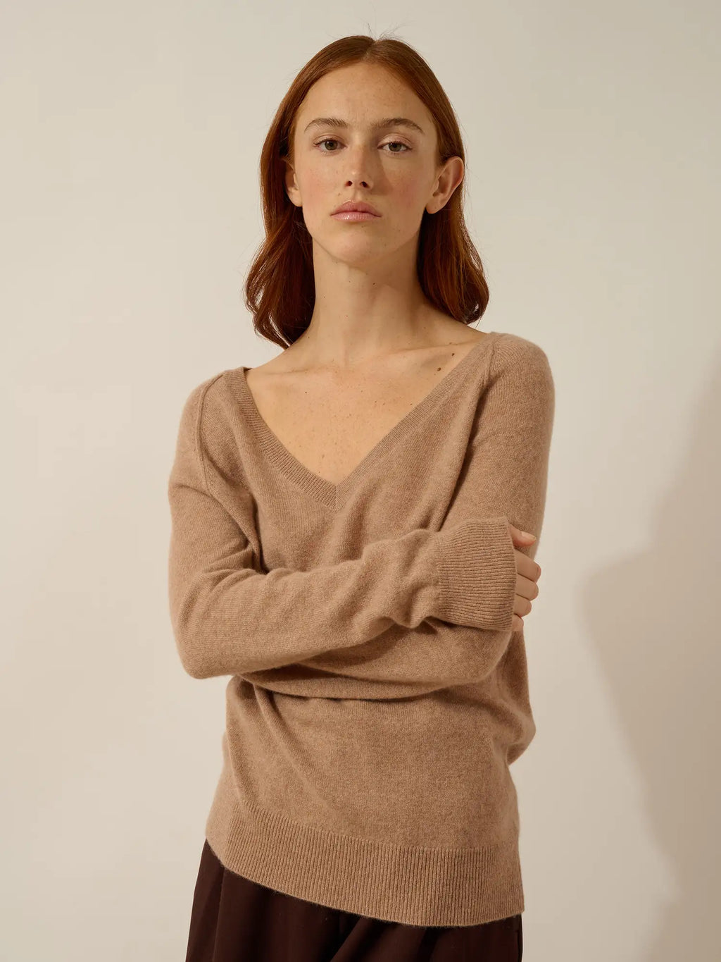 PHOEBE Pullover V-Ausschnitt Camel meliert