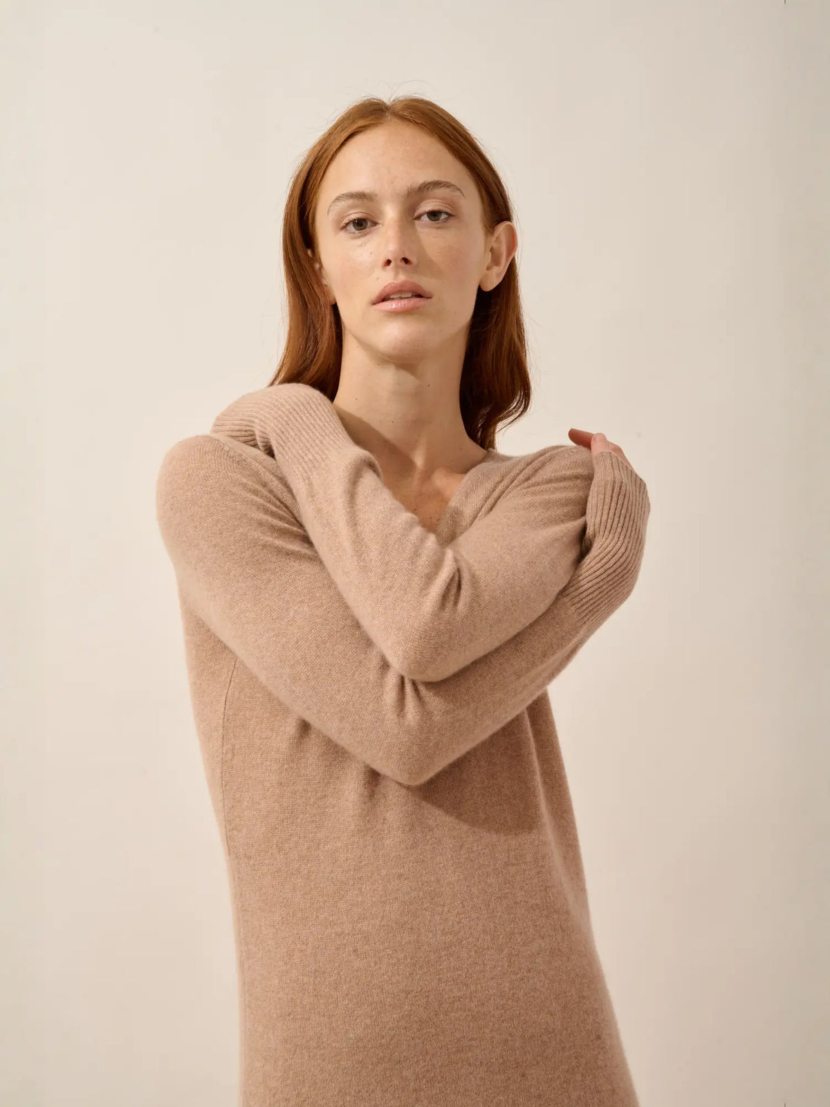 TRACY Robe Col V Camel Chiné