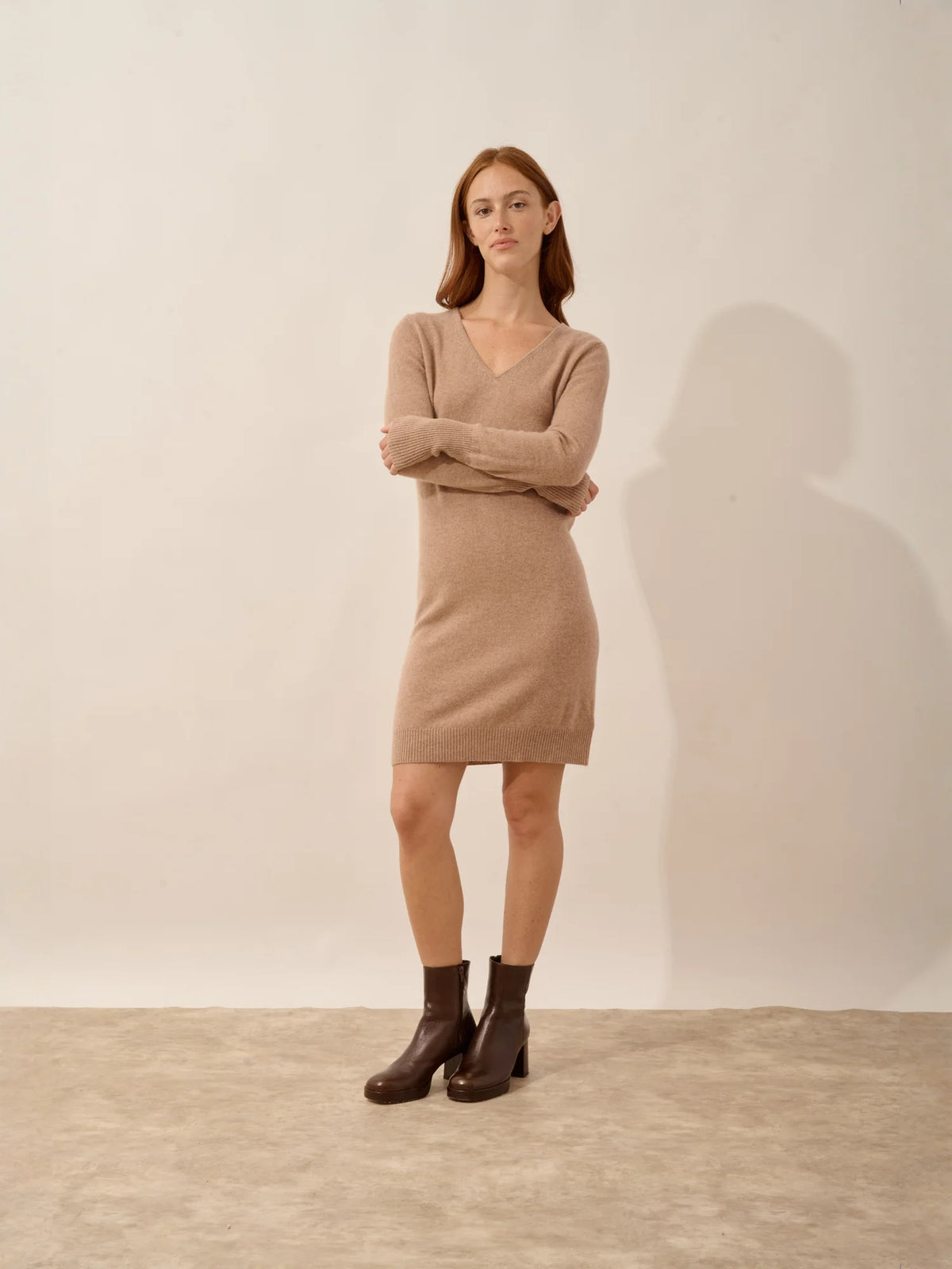 TRACY Kleid V-Ausschnitt Camel meliert