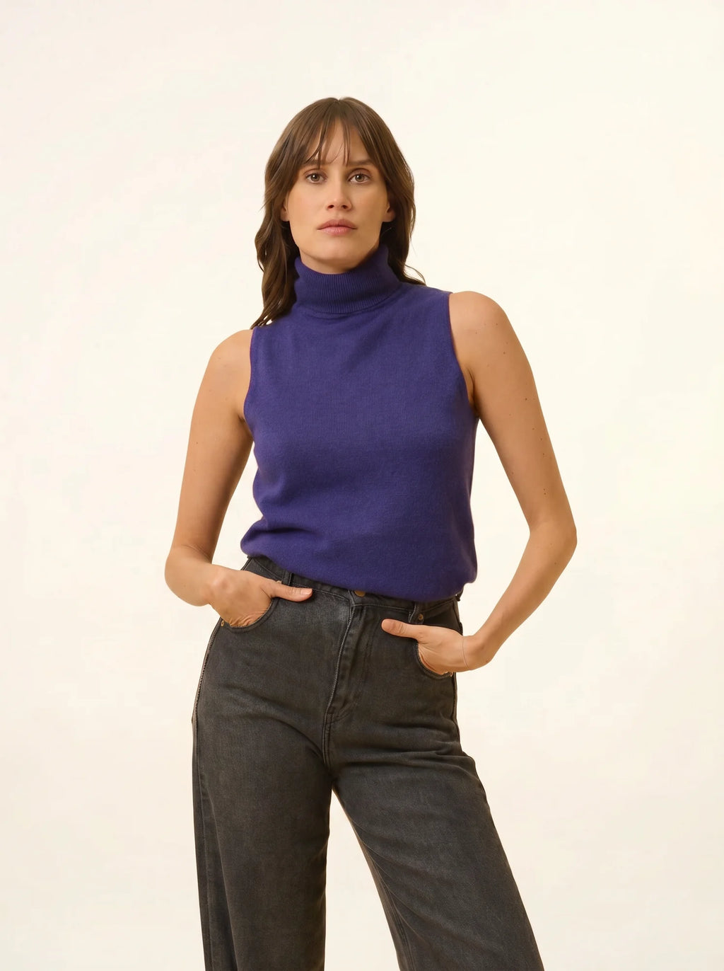 VIOLET Pull Col Roulé sans Manches Violet