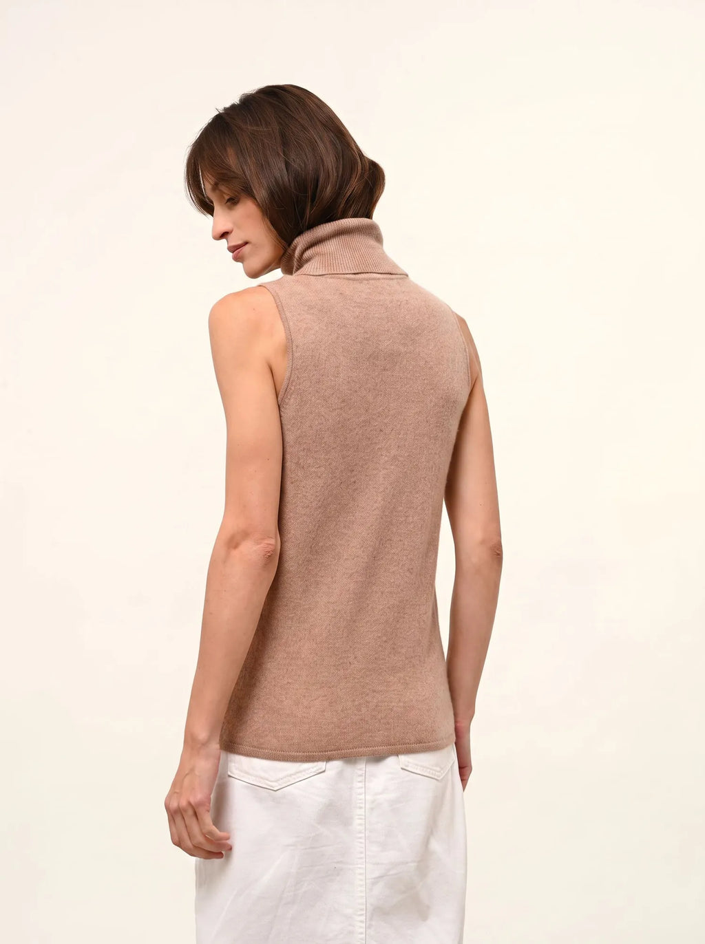 VIOLET Pull Col Roulé sans Manches Camel Chiné