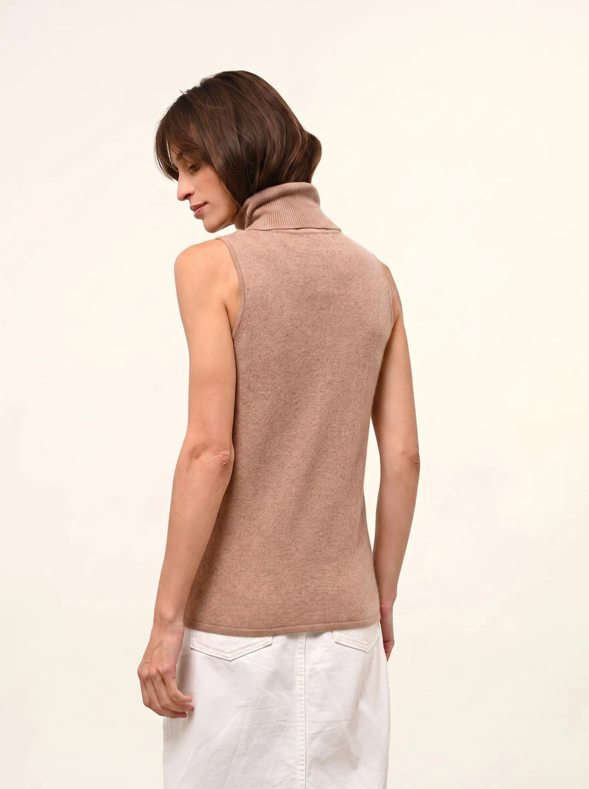 VIOLET Pull Col Roulé sans Manches Camel Chiné
