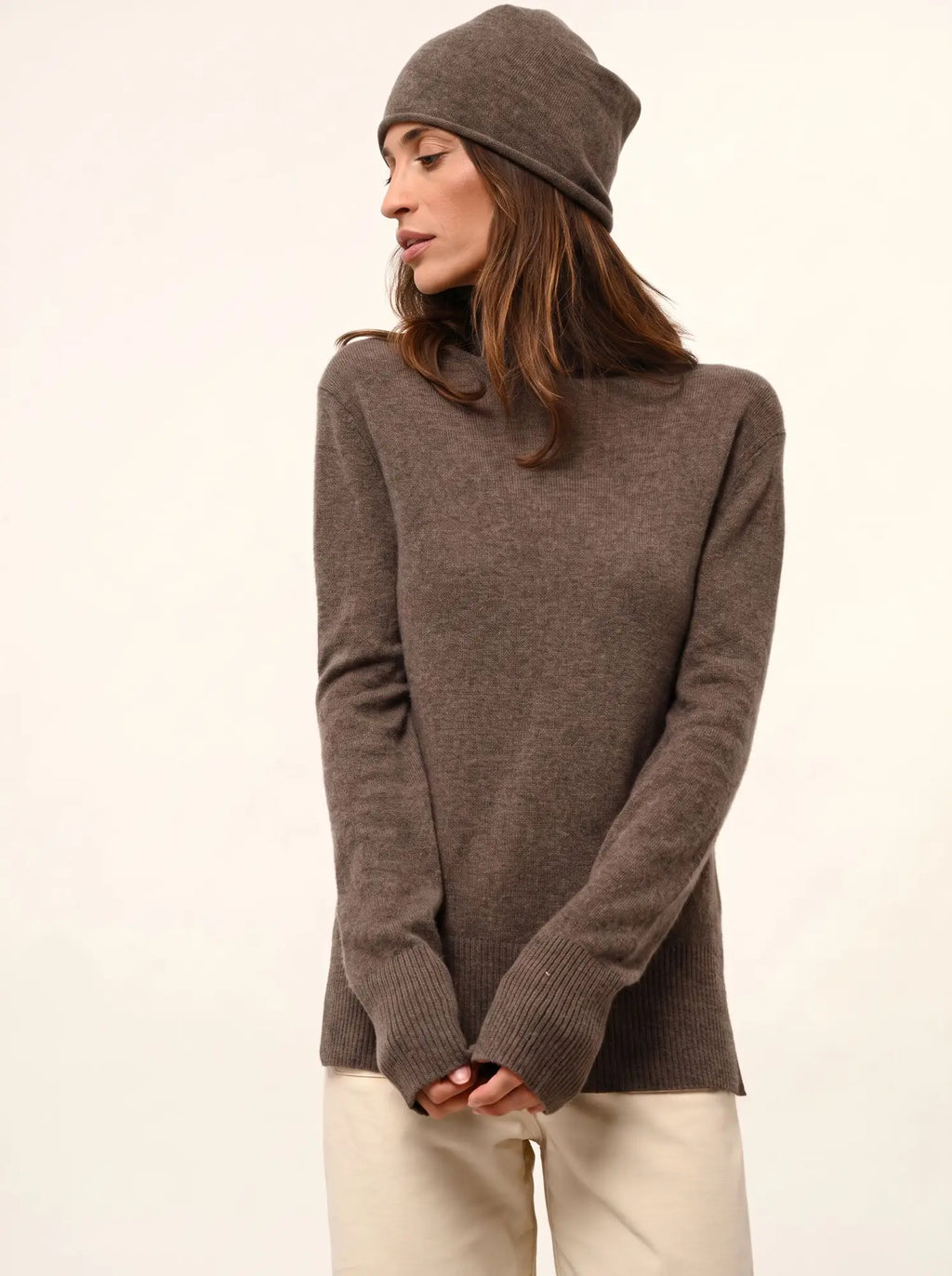 LEXIE Pull Col Roulé Taupe Chiné