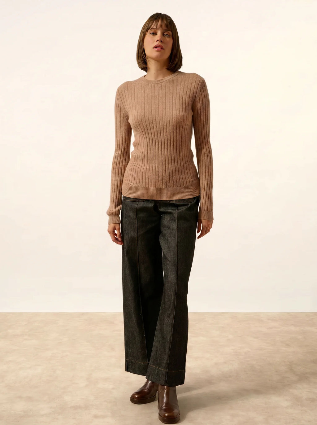 AVANA Pull Col Rond Camel Chiné