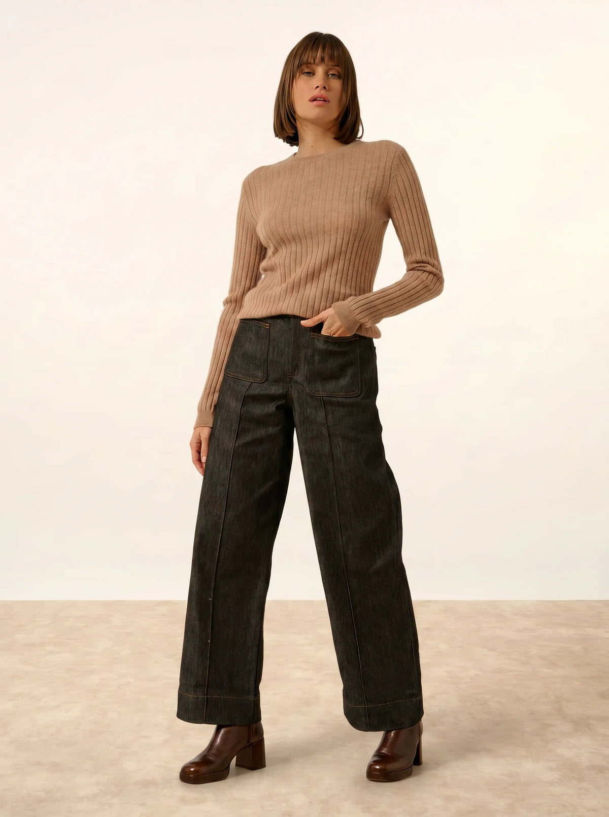 AVANA Pull Col Rond Camel Chiné