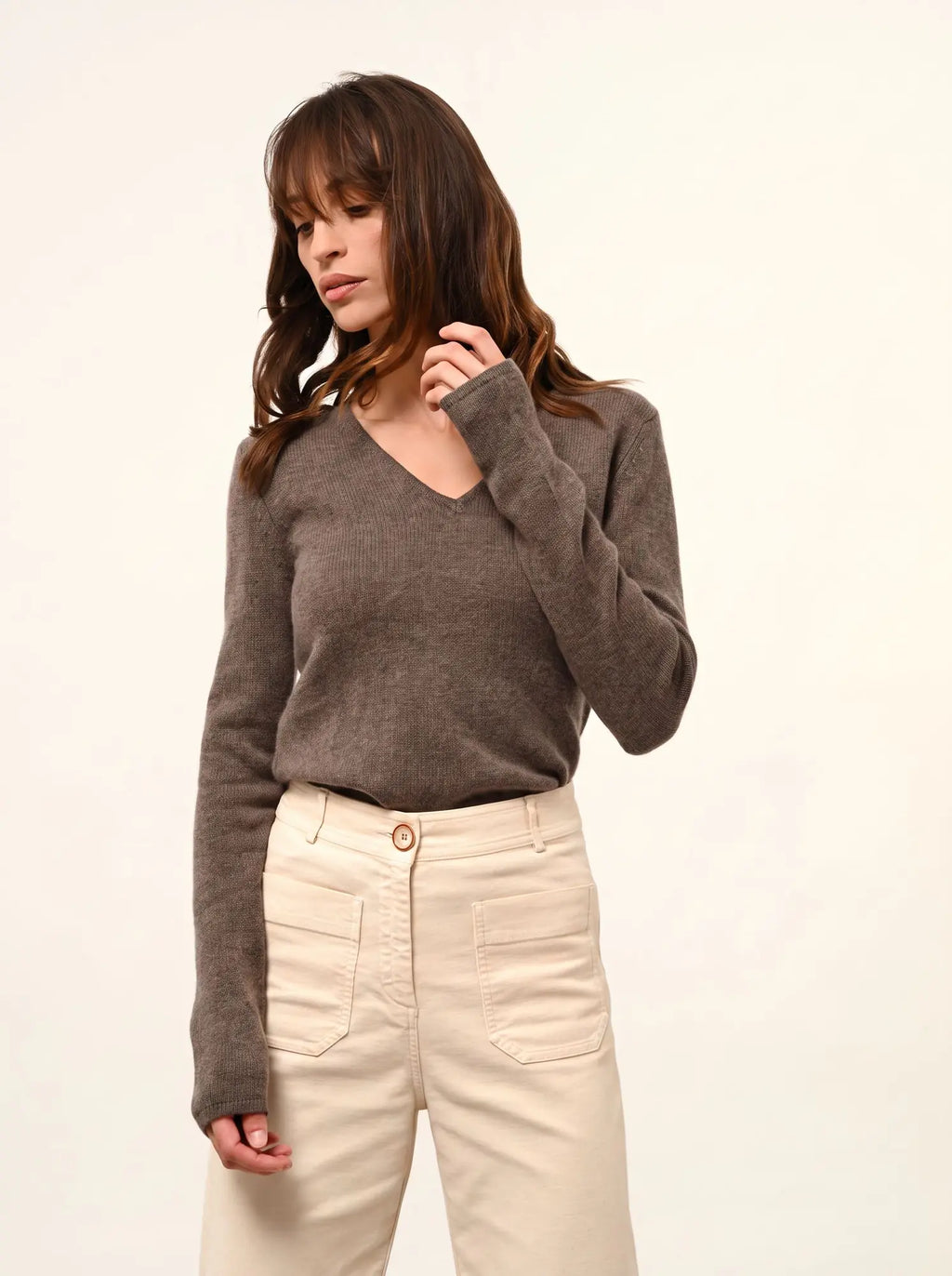 ABBY Sweater V-Neck 4 Ply Heather Taupe