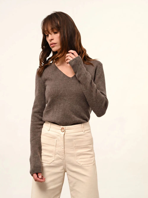 ABBY Pull Col V 4 Fils Taupe Chiné
