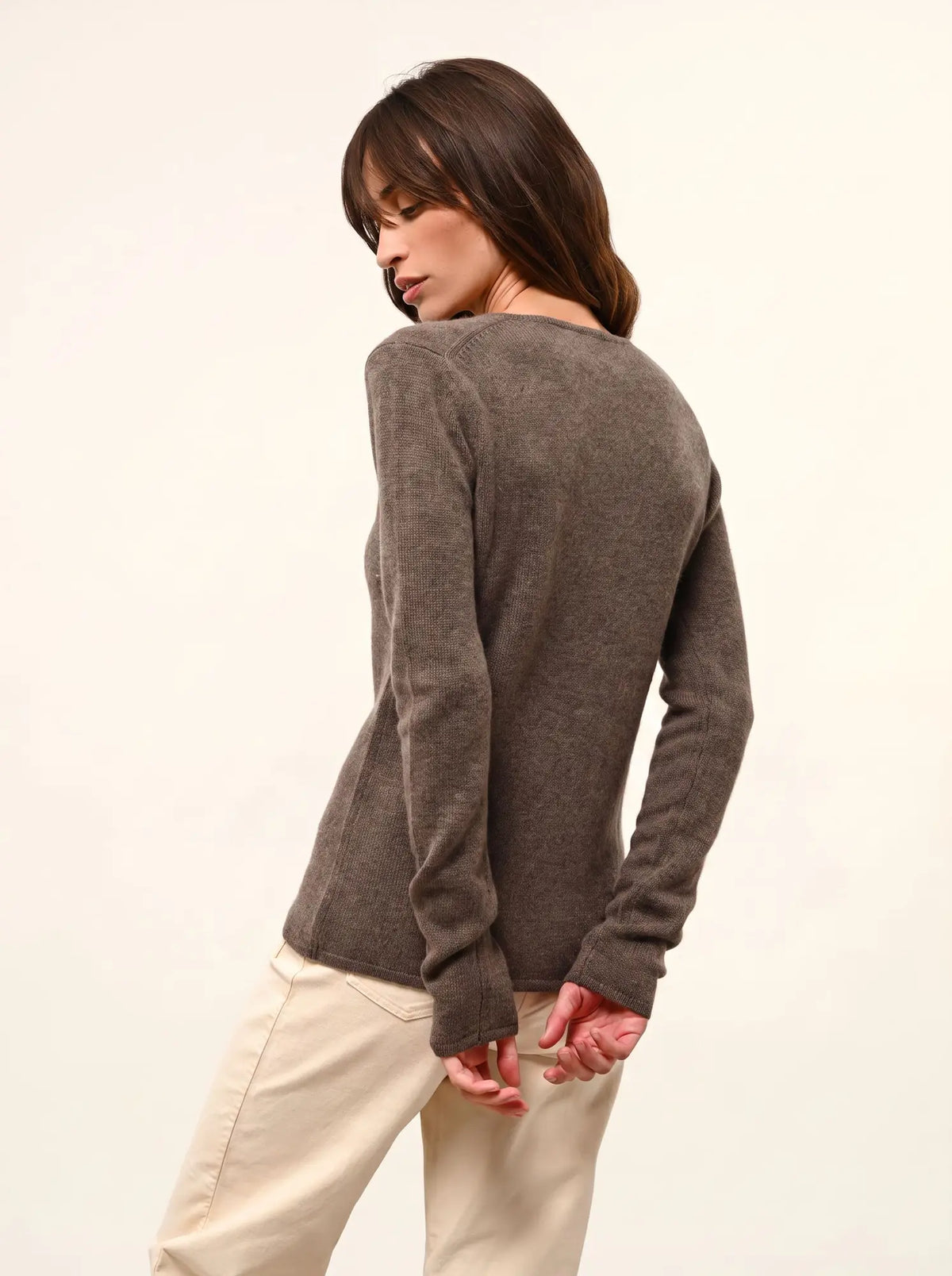 ABBY Pull Col V 4 Fils Taupe Chiné