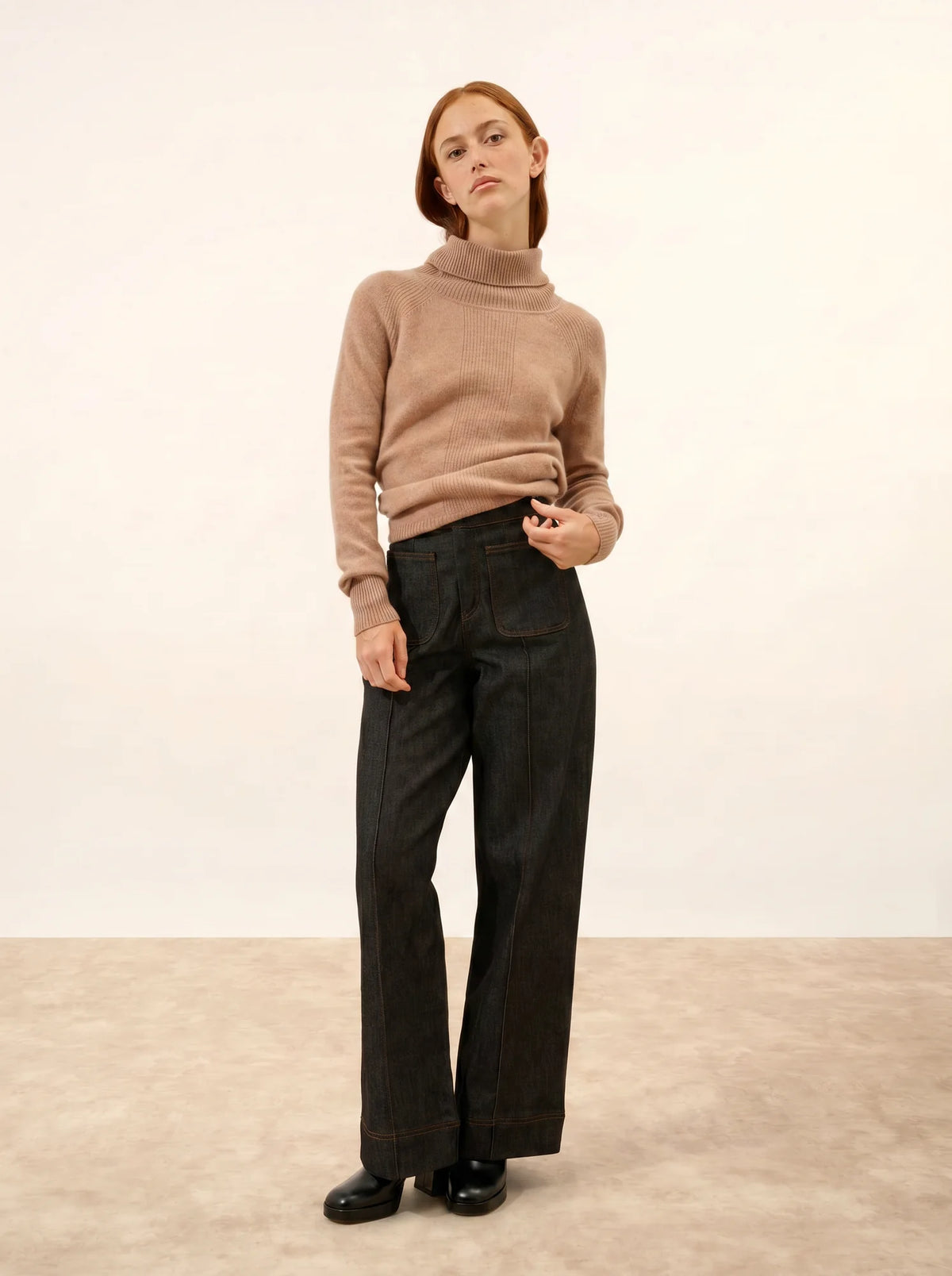 LILLY Pull Col Roulé Camel Chiné