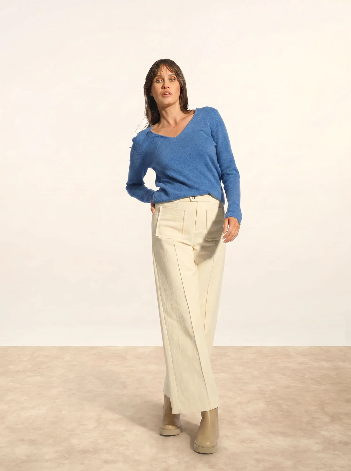 JOAN Pull Col V Bleu Denim