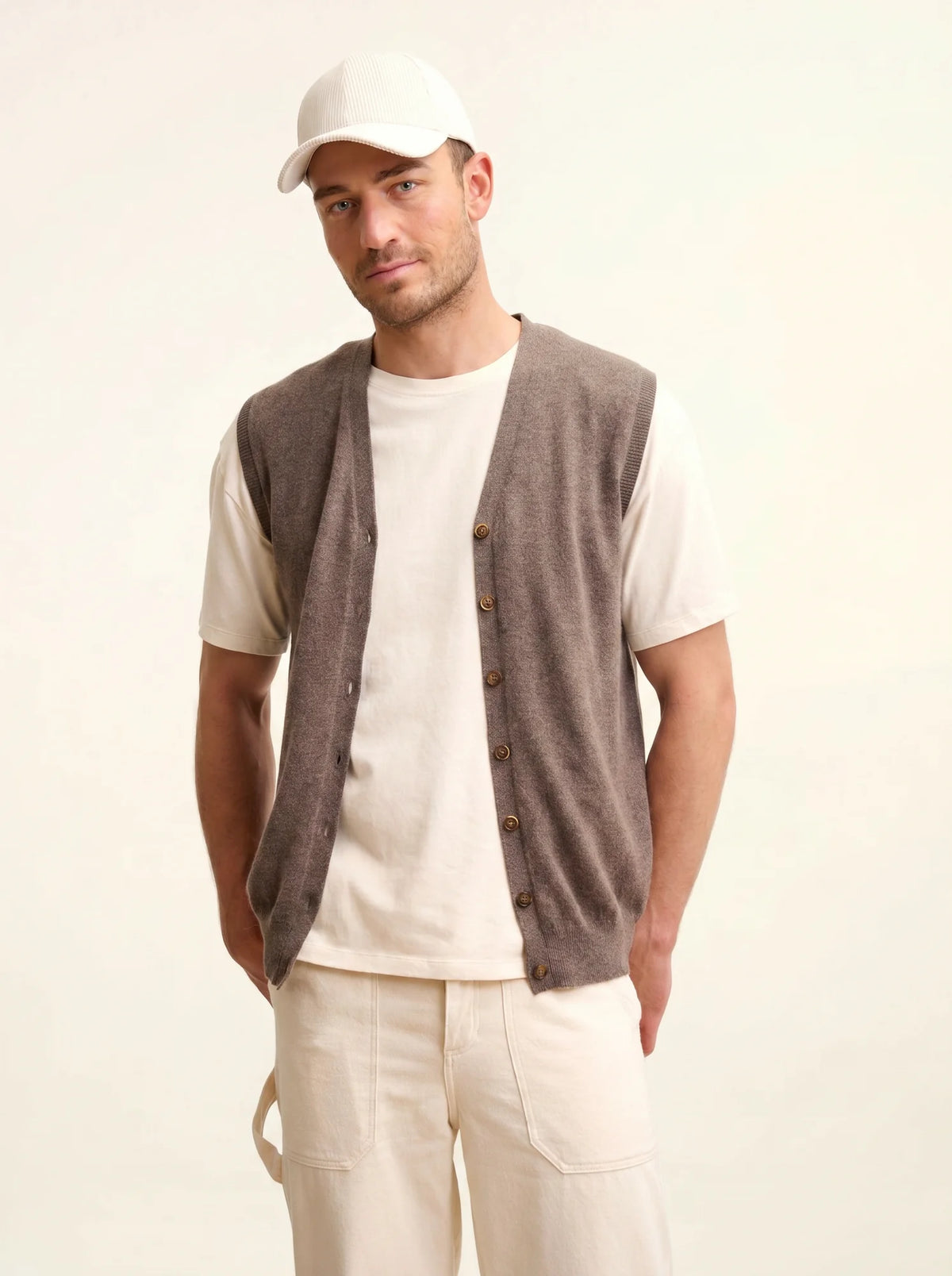 LANA Cardigan Col V sans Manches Taupe Chiné