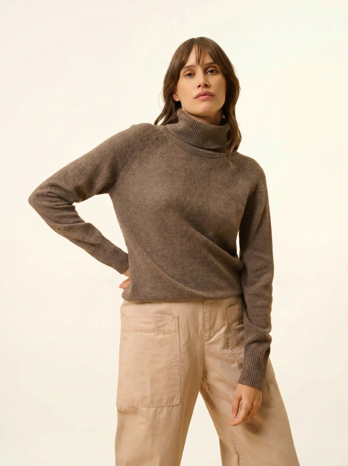 LILLY Pull Col Roulé Taupe Chiné