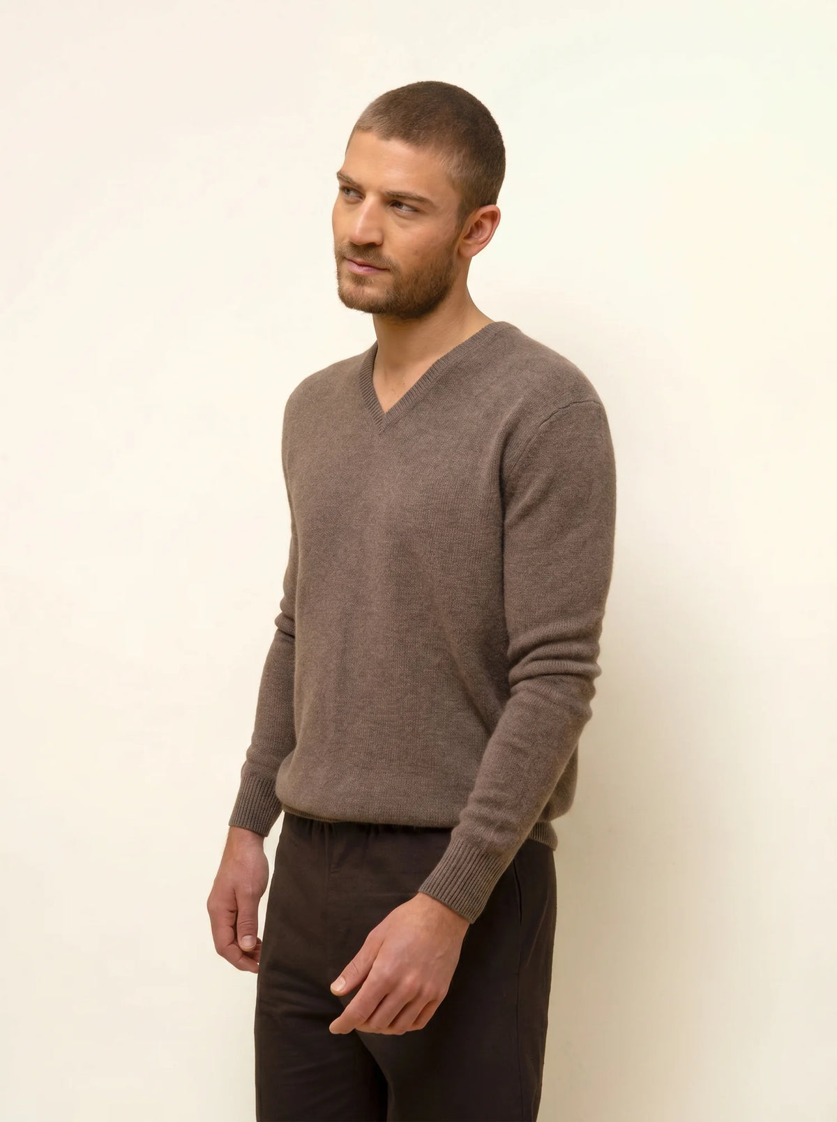 NATHAN Pull Col V 4 Fils Taupe Chiné
