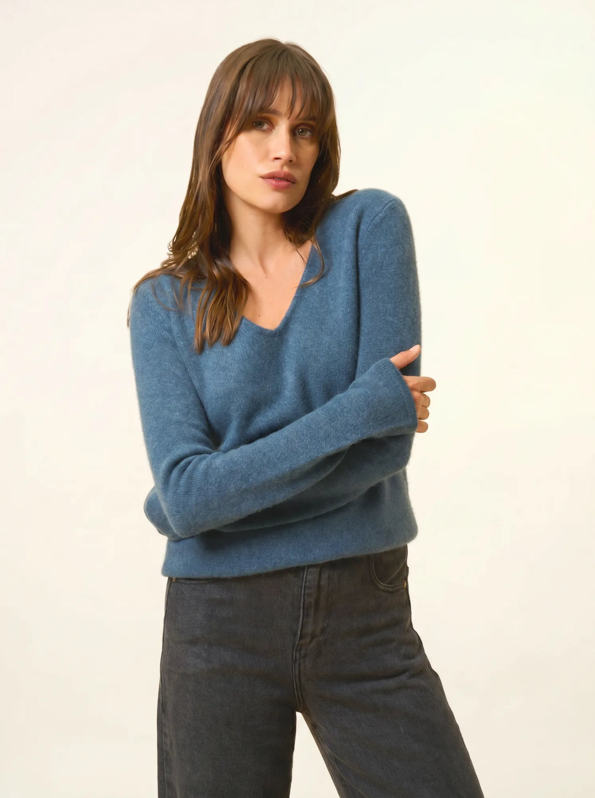ABBY Pull Col V 4 Fils Vert Canard Chiné