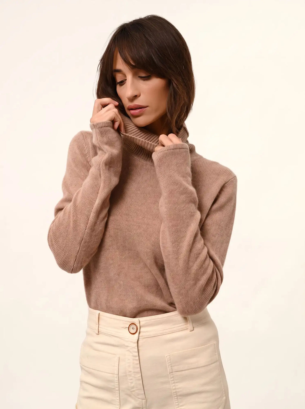 MATT Pull Col Roulé 4 Fils Camel Chiné