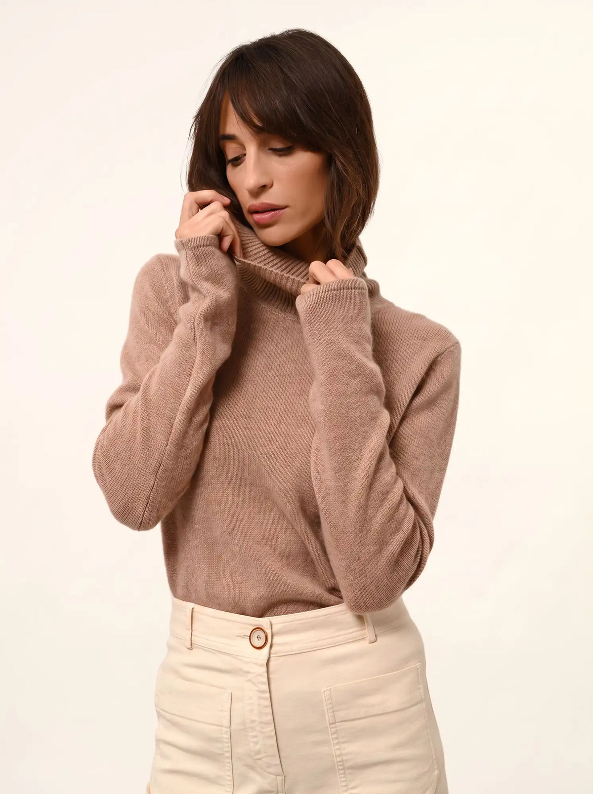 MATT Pull Col Roulé 4 Fils Camel Chiné