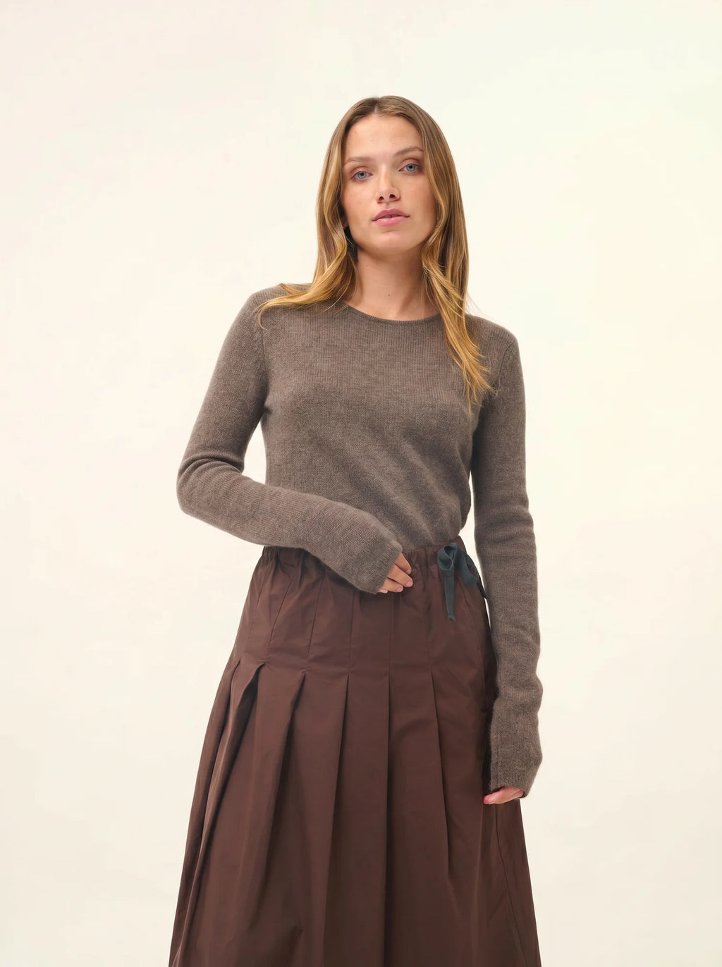 JOYCE Pull Col Rond 4 Fils Taupe Chiné
