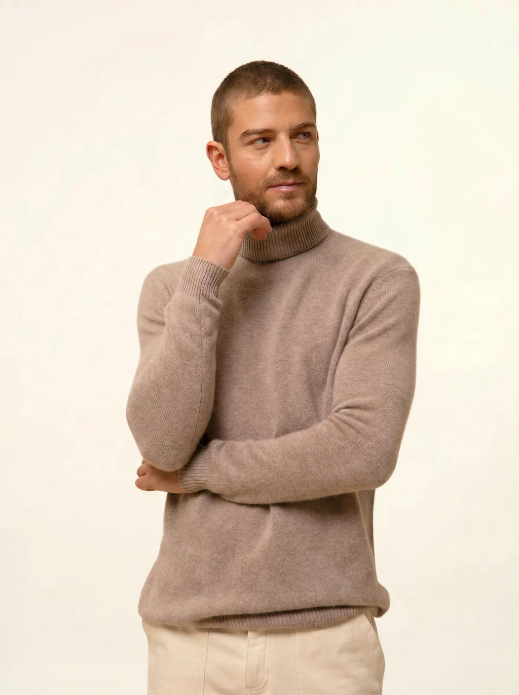 SACHA Pull Col Roulé 4 Fils Taupe Clair Chiné