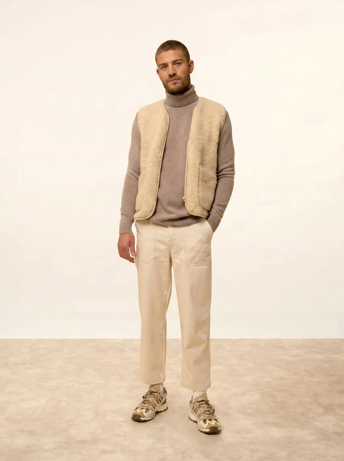 SACHA Pull Col Roulé 4 Fils Taupe Clair Chiné