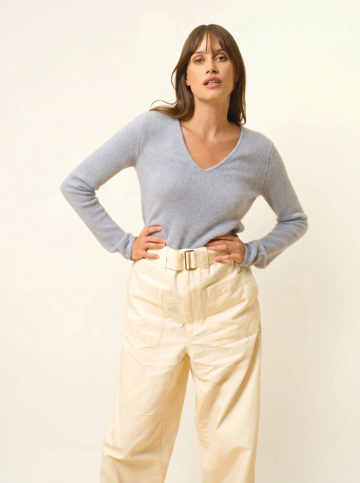 ABBY Pull Col V 4 Fils Bleu Ivoire