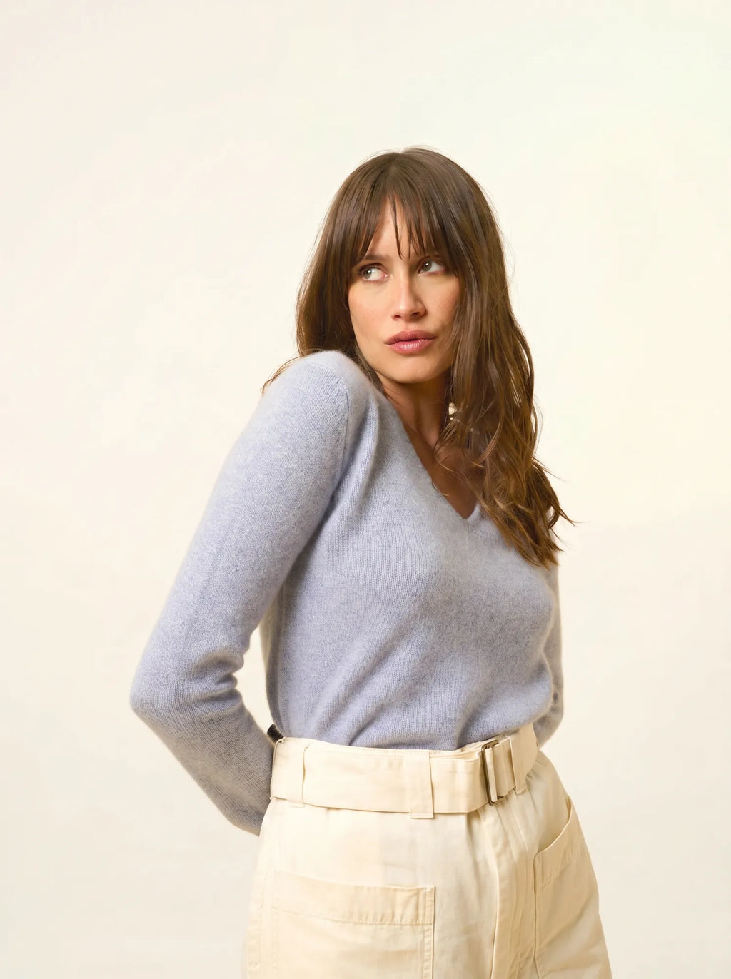 ABBY Pull Col V 4 Fils Bleu Ivoire
