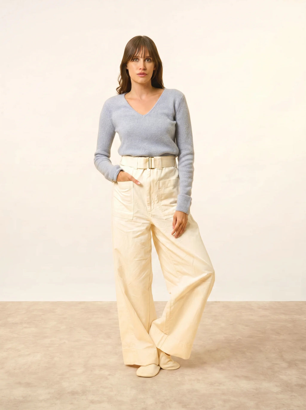ABBY Pull Col V 4 Fils Bleu Ivoire