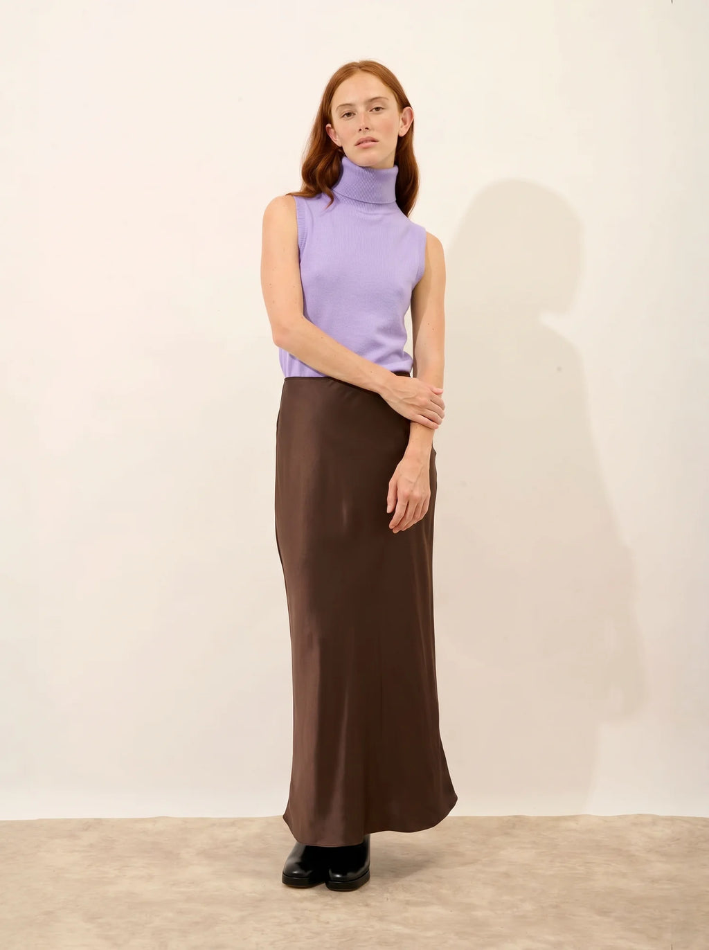 VIOLET Pull Col Roulé sans Manches Mauve