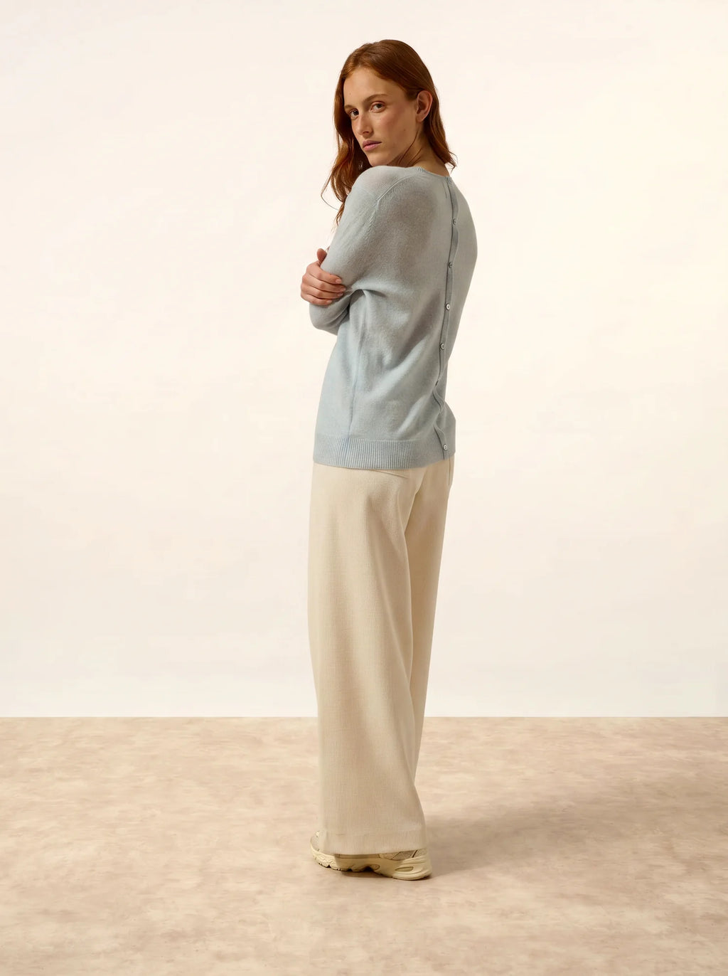 JANICE Pull Col Rond Boutonné Dos Bleu Clair Chiné